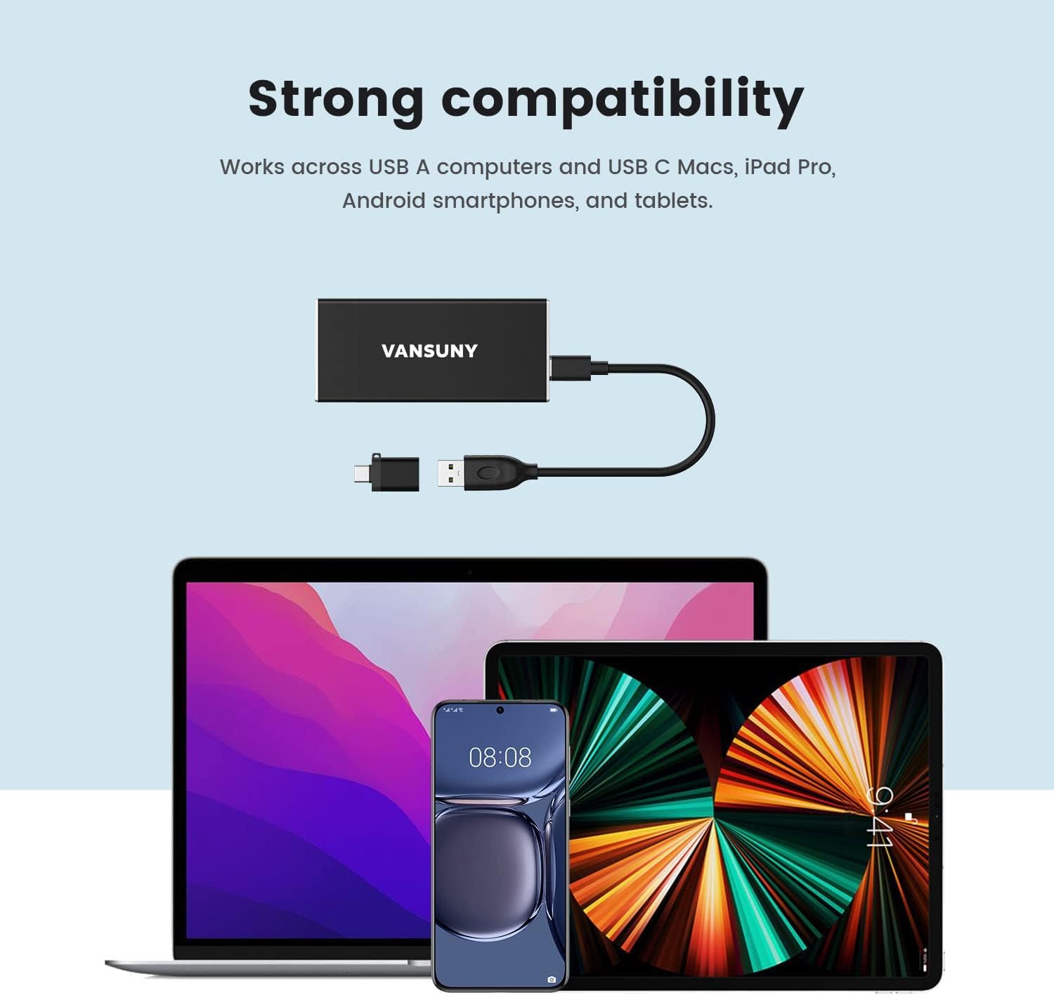 Vansuny 2TB Portable External SSD - USB 3.1 Gen2 Solid State Drive with 500MB/s Speed, Compact Metal USB-C External Hard Drive for PC, Laptop, Smartphone, Gaming & Photo Storage - Perfect for Travel, Work & Backup Solutions