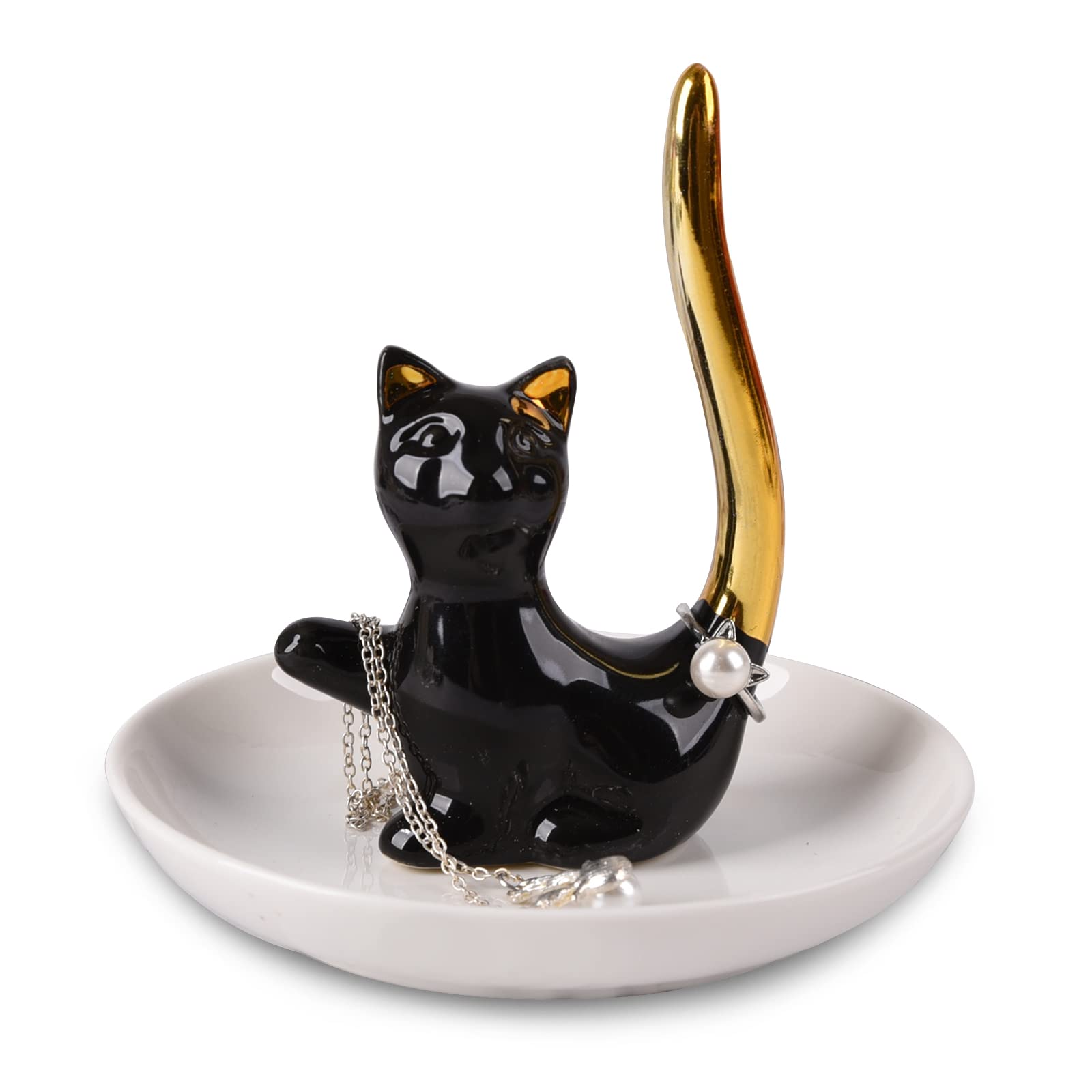Happy Cat Ring Holder - White/Golden Tail Jewelry Dish for Home Decor