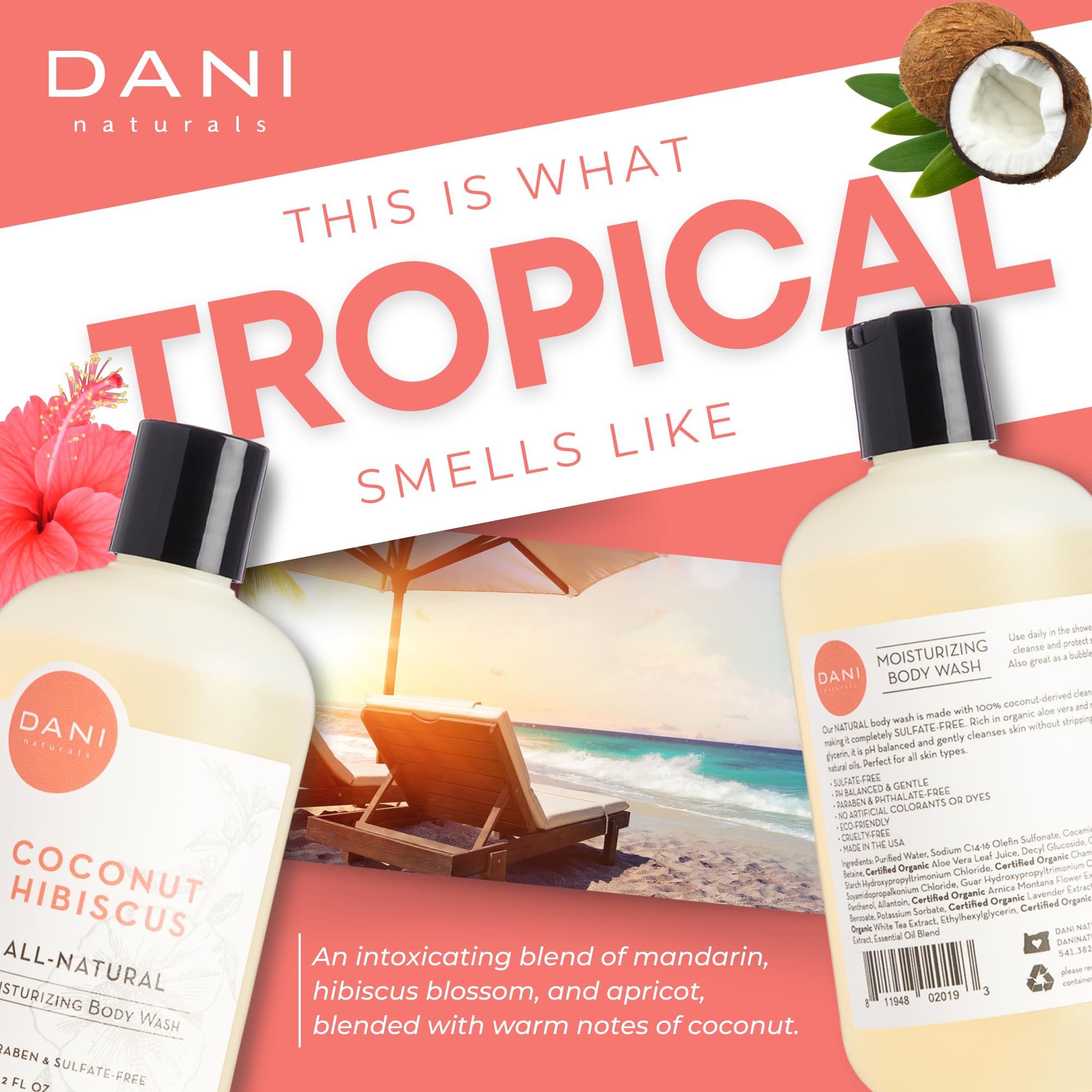 Naturals Moisturizing Body Wash with Tropical Coconut Hibiscus Scent | Organic Aloe Vera & Natural Glycerin | Paraben & Sulfate Free Shower Gel | 12 oz | Hydrating for Dry Skin | Perfect for Daily Shower & Spa Relaxation