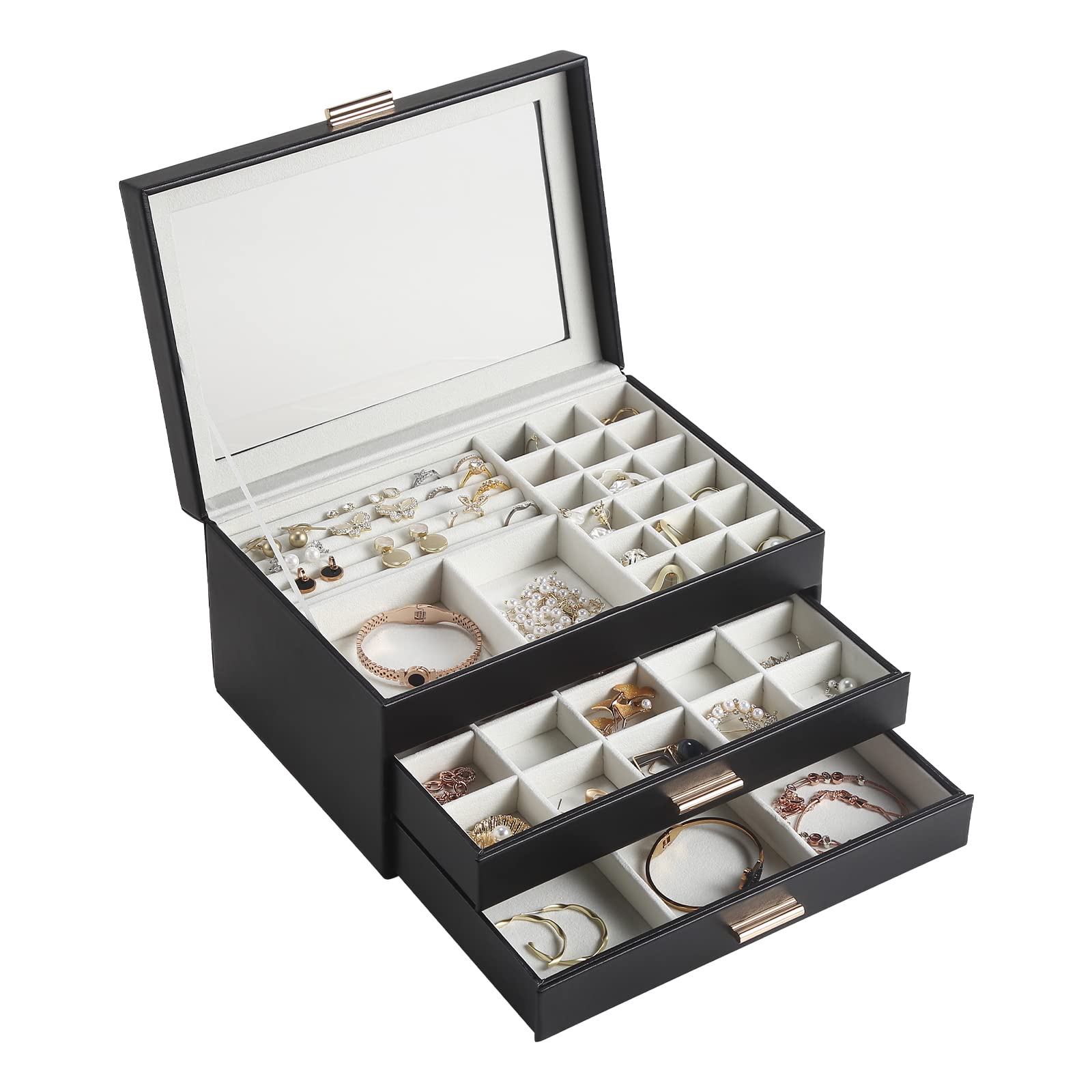 CASEGRACE 3-Layer Jewelry Box with Glass Lid & Double Drawers - Large Jewelry Organizer for Necklaces, Bracelets, Earrings & Rings - Elegant Jewelry Storage Case for Women's Dresser (Black) | Perfect for Bedroom Vanity, Travel & Gift Giving