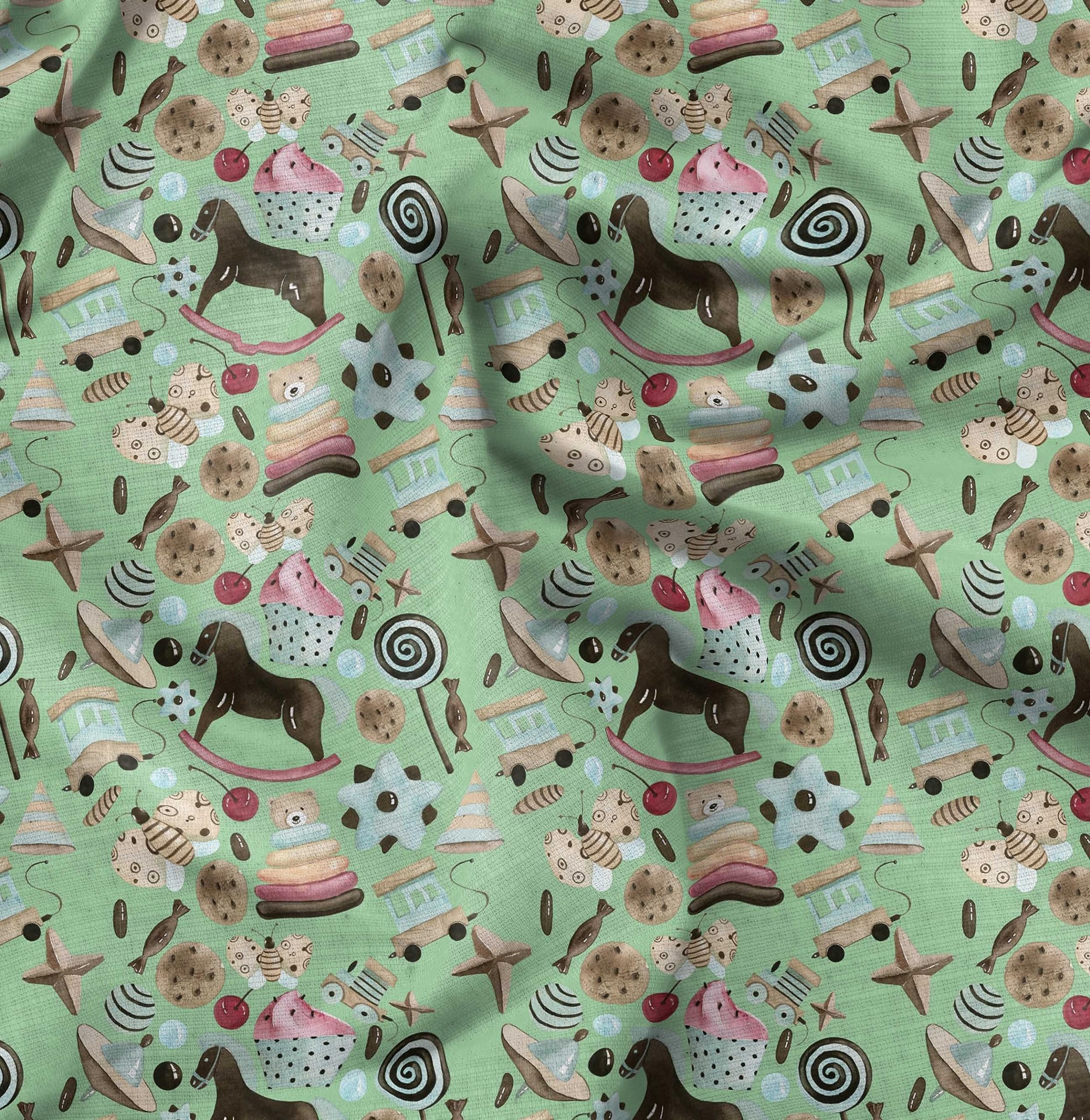 Soimoi Rayon Green Fabric by The Yard - 42 Inch Wide - Cartoon Kids Textile with Cookies, Bear & Rocking Horse Print - Sweet Playful Pattern for DIY Kids' Room Decor, Clothing & Craft Projects