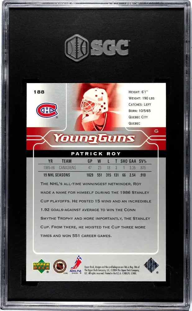 2004 Upper Deck Patrick Roy Young Guns Retro Hockey Card - SGC 10 Graded - Rare Collectible for NHL Fans & Sports Memorabilia Enthusiasts - Perfect for Display, Investment, and Hockey Card Collections