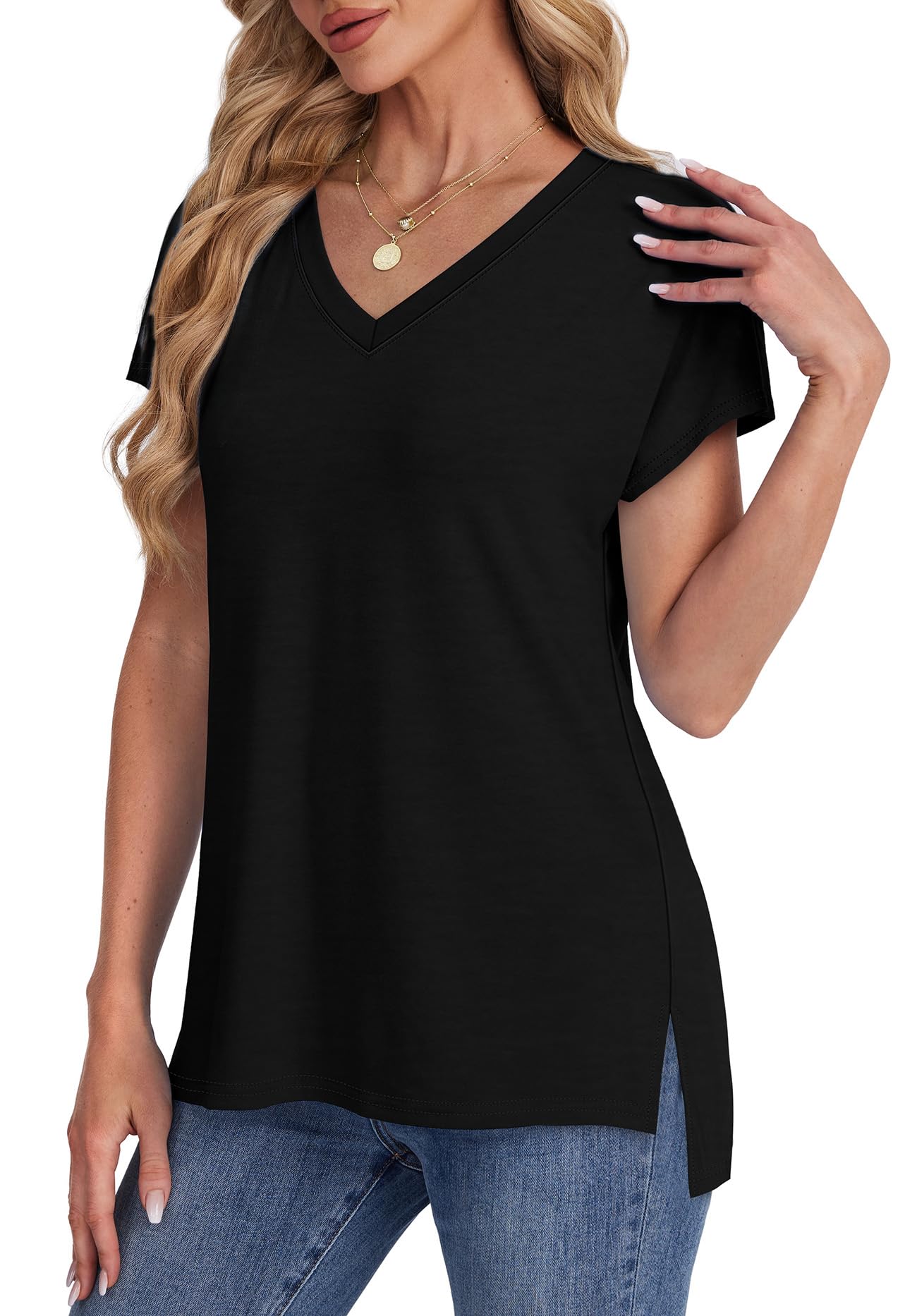 WIHOLL Women's Basic Summer V-Neck T-Shirt - Short Sleeve Loose Fit Casual Tee for Women | Trendy Fashion Top for Everyday Wear, Outings & Summer Outfits
