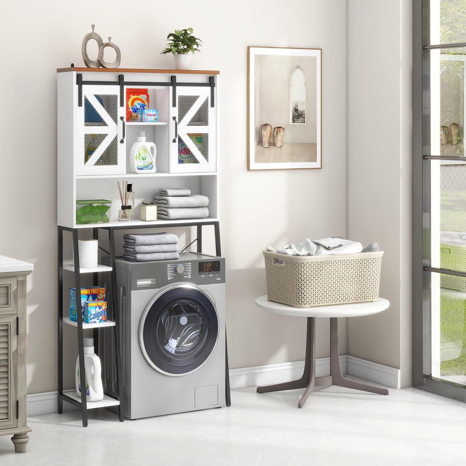 Farmhouse Over The Toilet Storage Cabinet with Sliding Barn Door - Space Saving Bathroom Organizer for Toiletries, Towels & Laundry - Perfect for Small Bathrooms, Restrooms & Powder Rooms