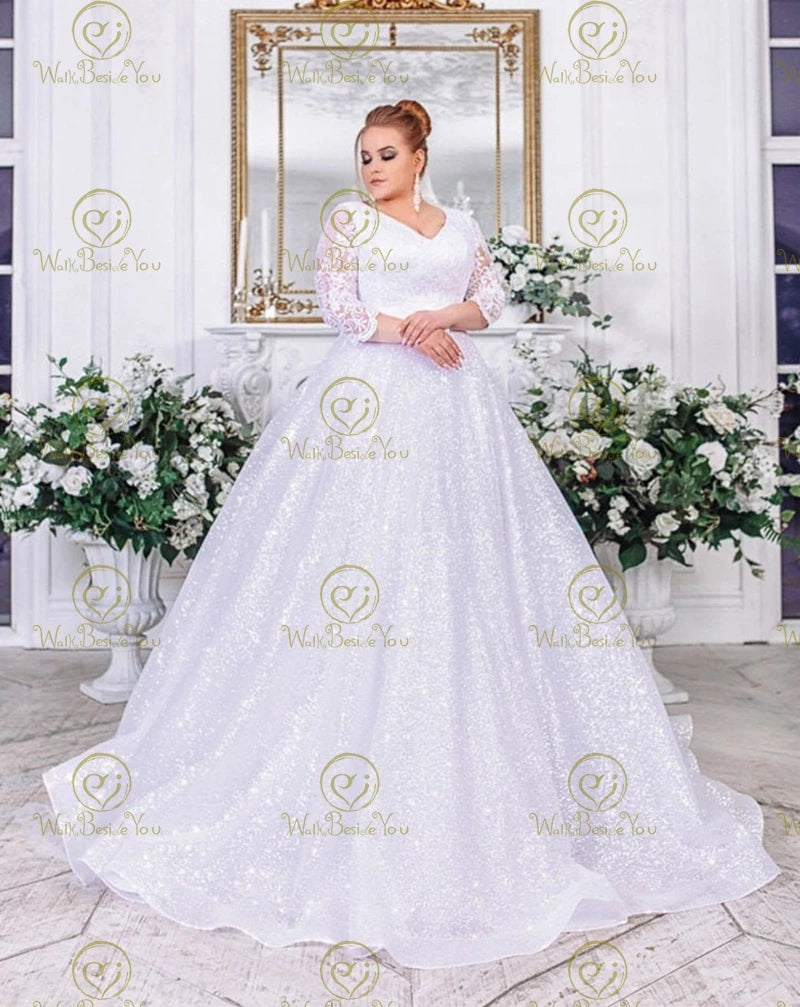 Sparkly Plus Size 3/4 Sleeve V-Neck Ball Gown Wedding Dress for Women - Elegant Bridal Gown for Church, Beach & Formal Weddings