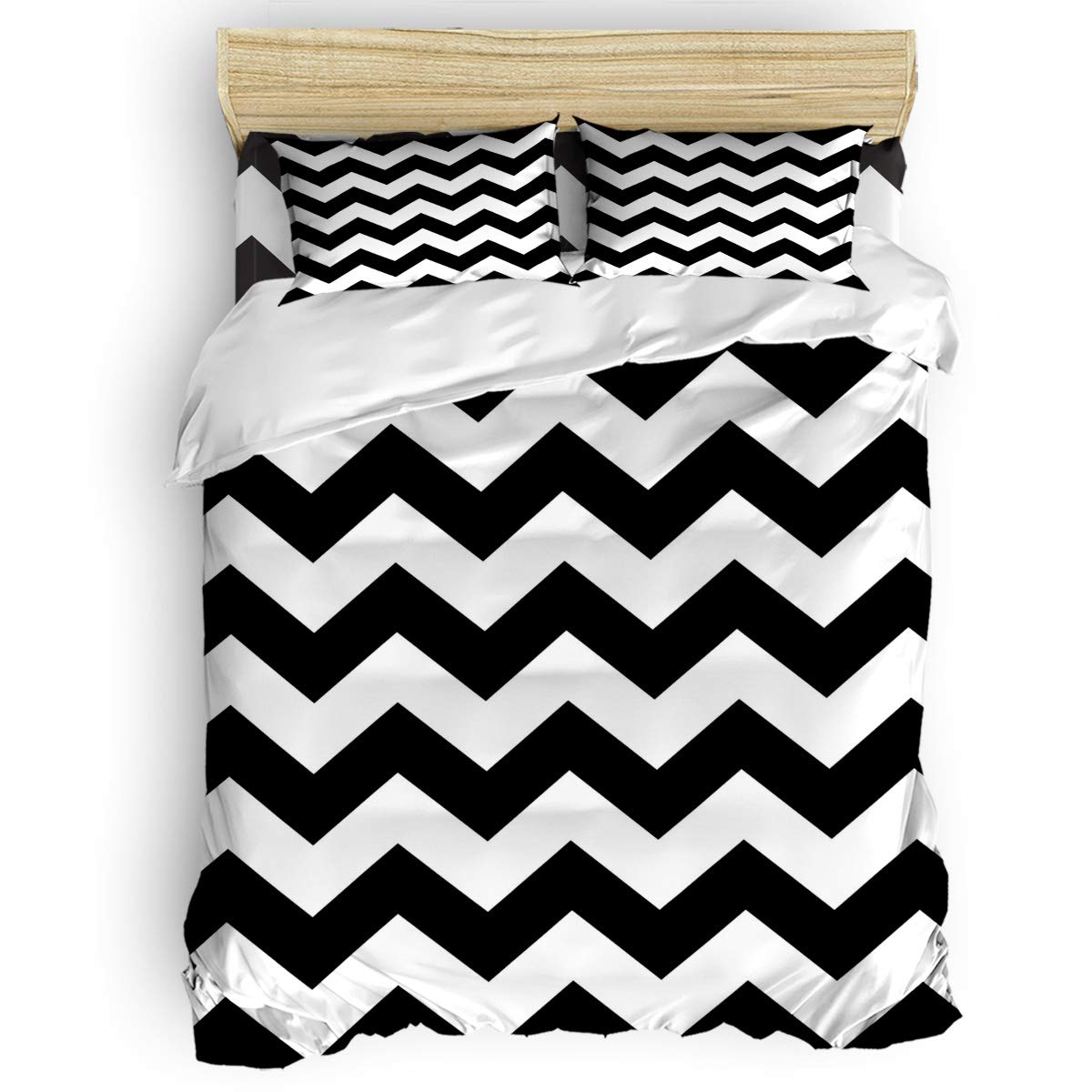 Millxiu 4-Piece Luxury Bedding Set - Chevron Duvet Cover, Flat Sheet & 2 Pillowcases for Twin Bed | Soft Black & White Zig Zag Pattern | Perfect for Kids, Teens & Adults Bedrooms, Guest Rooms & Dorm Decor
