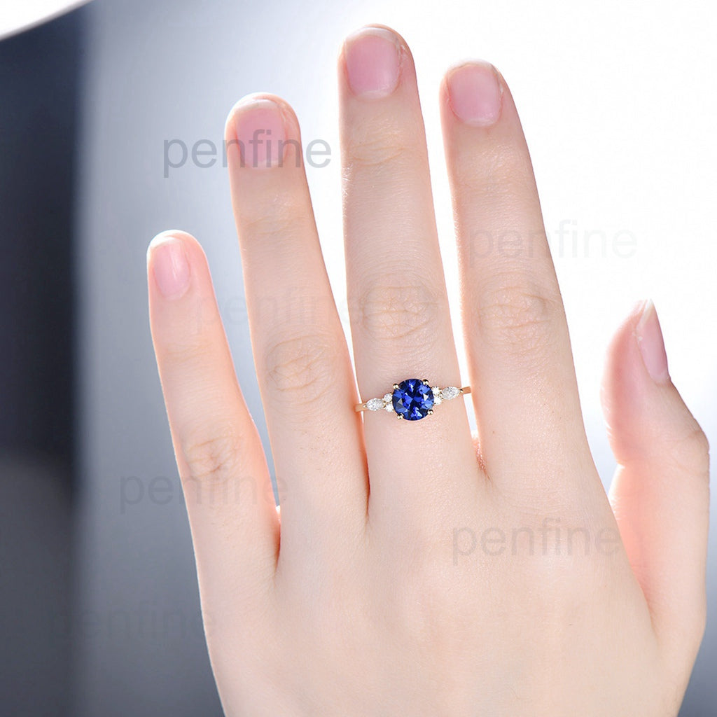 7mm Round Sapphire Diamond Ring for Women - Elegant Blue Gemstone Engagement & Wedding Band - Perfect for Proposals, Anniversaries, and Special Occasions