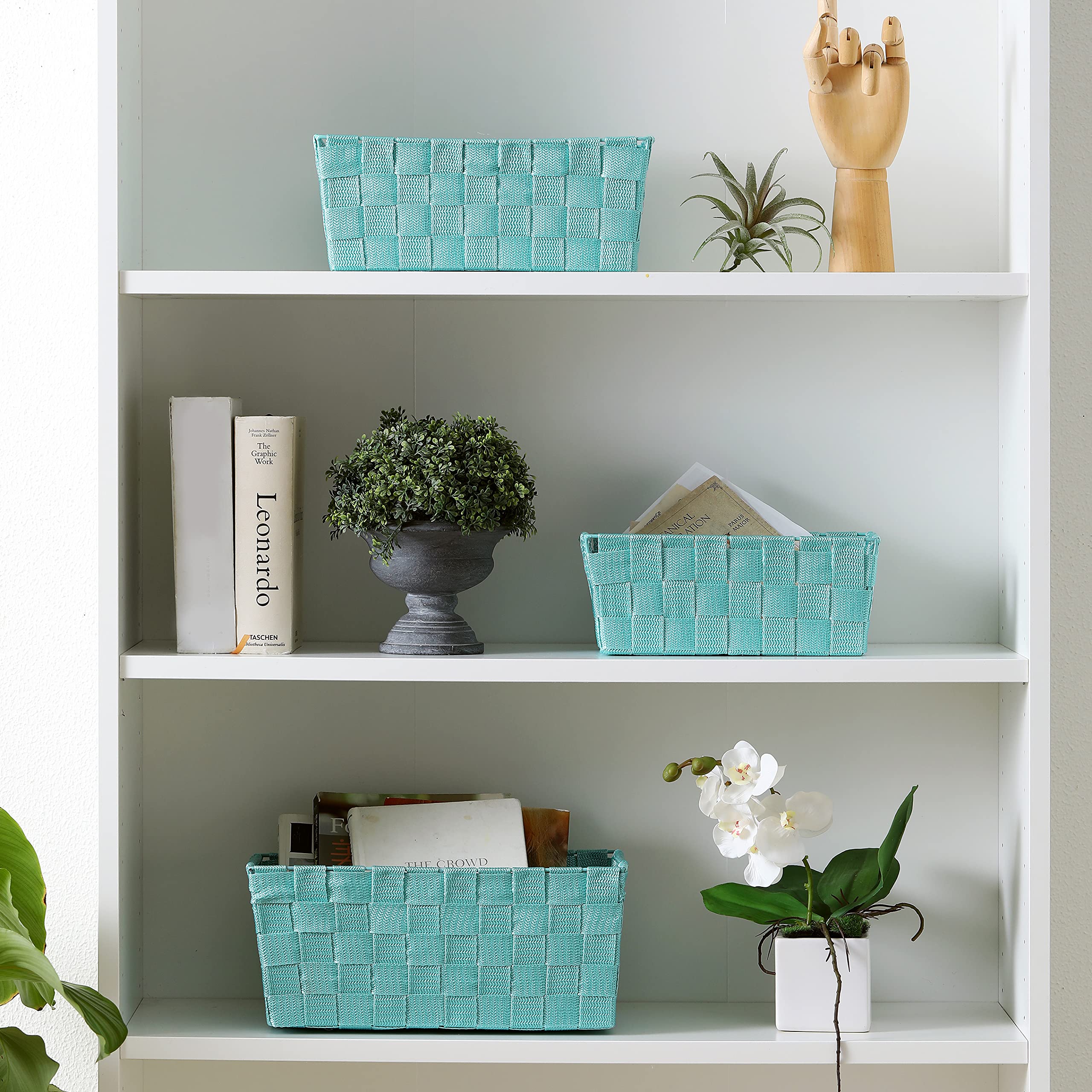 Decorative Woven Storage Baskets Set of 3 - Handmade Nesting Bins with Cutout Handles & Labels for Bathroom Countertop, Shelves, Closet & Pantry Organization | Perfect for Home Decor, Laundry Room & Bedroom Storage (Green)