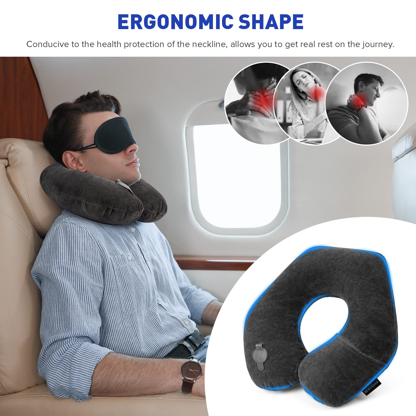 Rewondah Inflatable Travel Pillow - Ultra Soft Velour Washable U-Shaped Neck Pillow for Airplane, Train & Car Travel | Compact & Portable for Business Trips, Long Flights & Road Trips