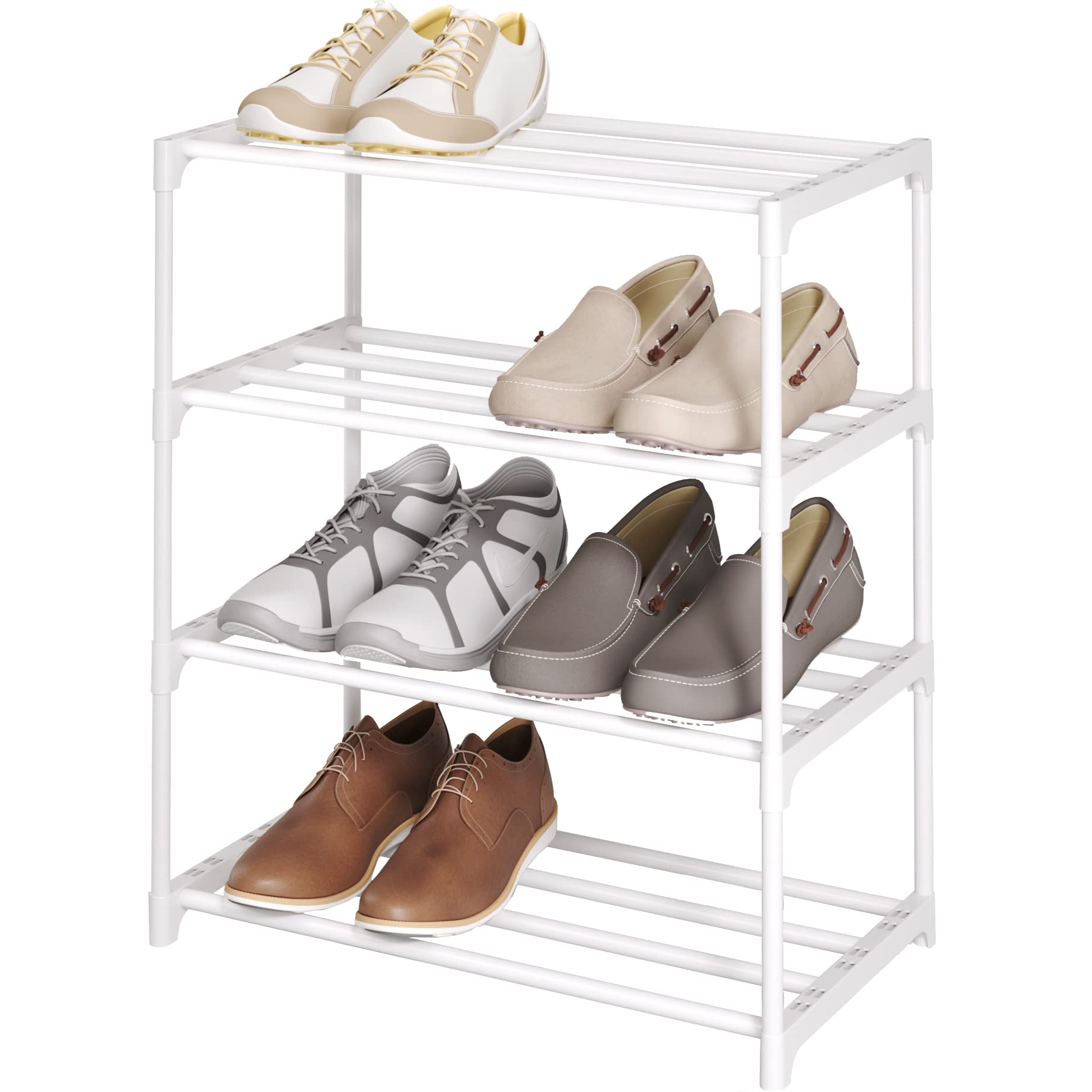 4-Tier Small Shoe Rack - Metal Stackable Kids Shoe Shelf Storage Organizer - Narrow Sturdy Shoe Rack for Closet, Hallway, Entryway, Living Room & Bedroom - Perfect for Small Spaces & Apartment Organization (White)