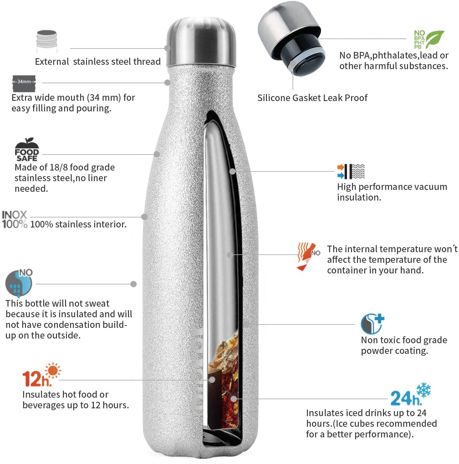BJPKPK 17oz Stainless Steel Insulated Water Bottle - Keeps Drinks Cold 24H & Hot 12H, BPA Free, Glitter Silver - Perfect for Gym, Hiking, Travel & Outdoor Activities
