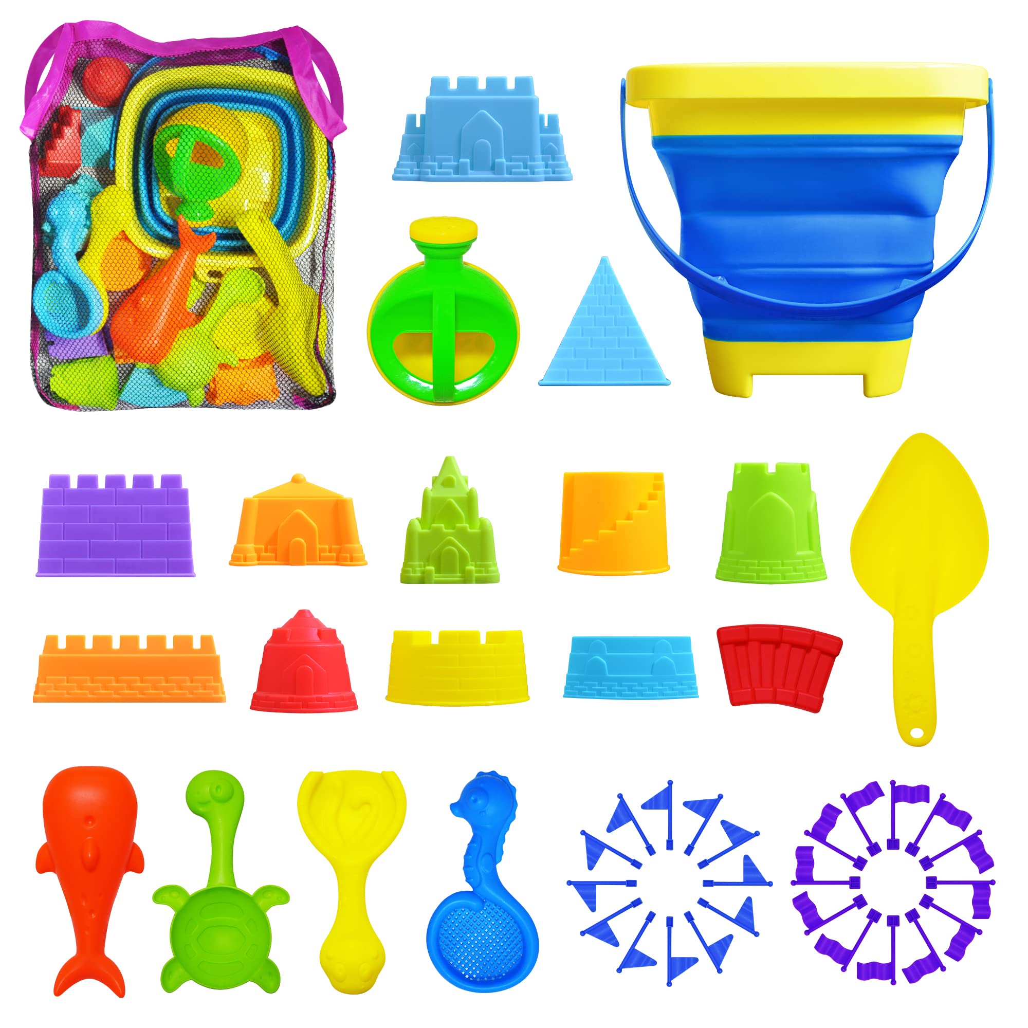 44 PCS Beach Toys Set for Kids Age 3-10 - Collapsible Sand Bucket, Shovels, Molds & Mesh Storage Bag - Perfect for Sandcastles, Beach Play & Outdoor Summer Activities - Great Birthday/Christmas Gift for Boys & Girls