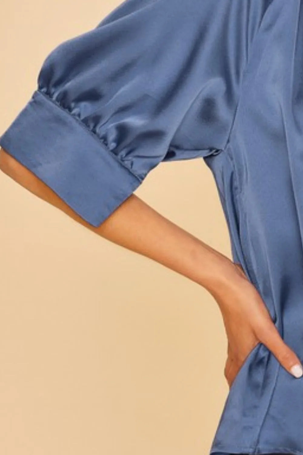 Elegant Dusty Blue Satin Blouse - Short Sleeve Open Front Woven Top for Women | Perfect for Office Wear, Date Night & Casual Outfits