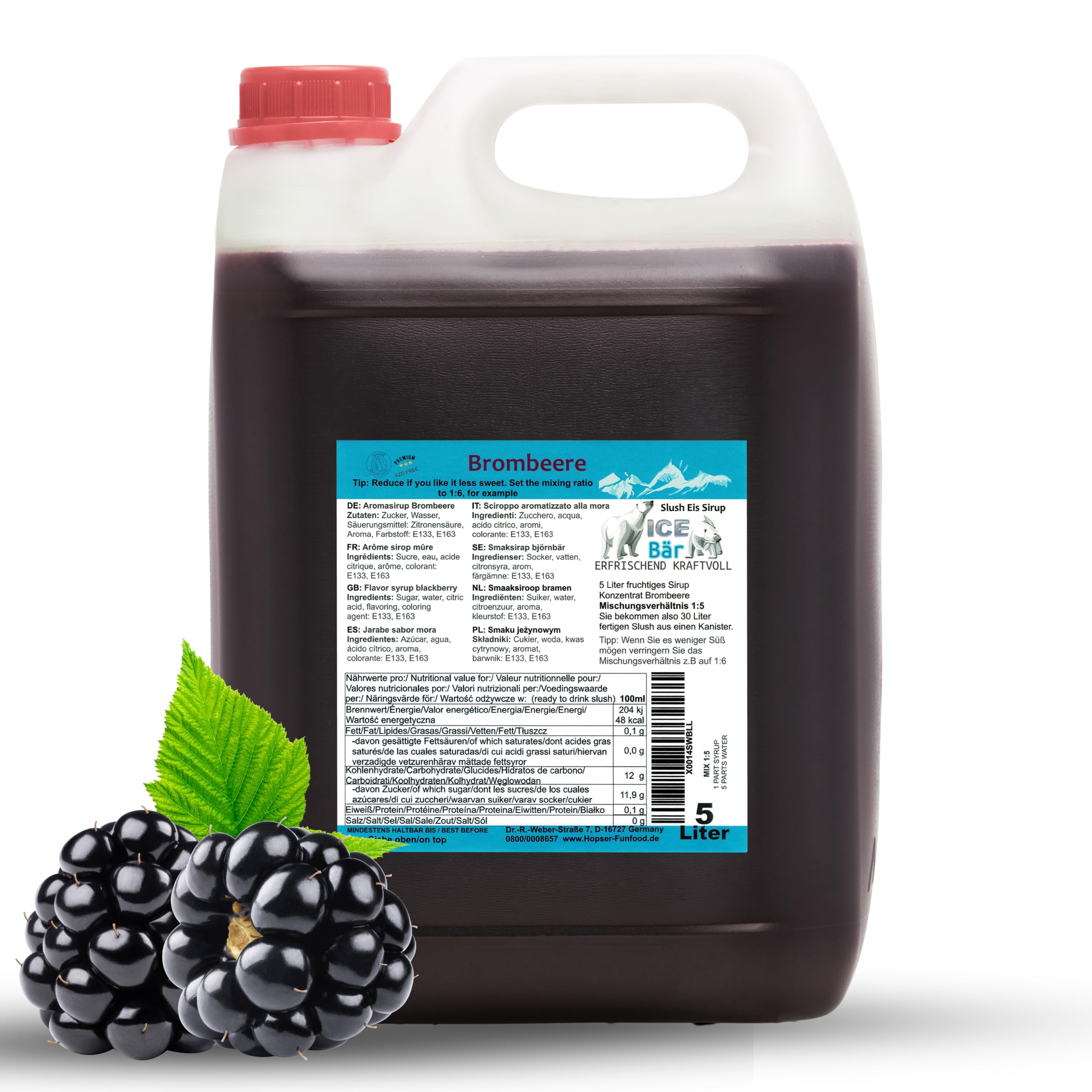 ICE Bear SLUSH Syrup 12 Fruity Flavors Concentrate | Blackberry Flavor | Slushy Maker Syrup for Ice Cream & Beverage Machines (5L, Pack of 1) - Perfect for Summer Parties, Frozen Treats & DIY Drinks