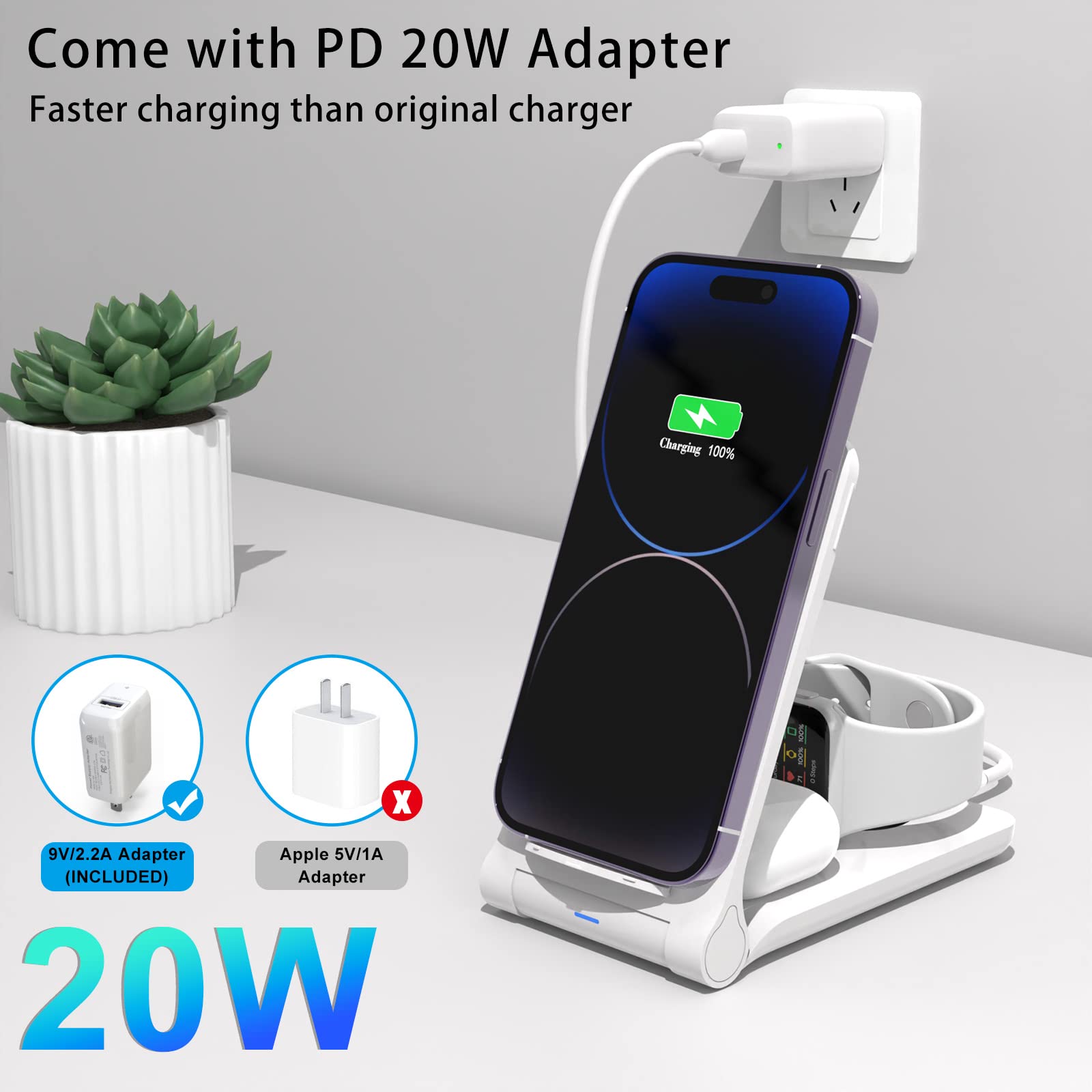 3-in-1 Wireless Charging Station - 15W Fast Foldable Charger for iPhone 14/13/12/11/Pro/Max/SE, Apple Watch 6/5/4/3/2/1 & AirPods Pro - Includes 20W PD Adapter (White) | Perfect for Bedside, Office & Travel Charging