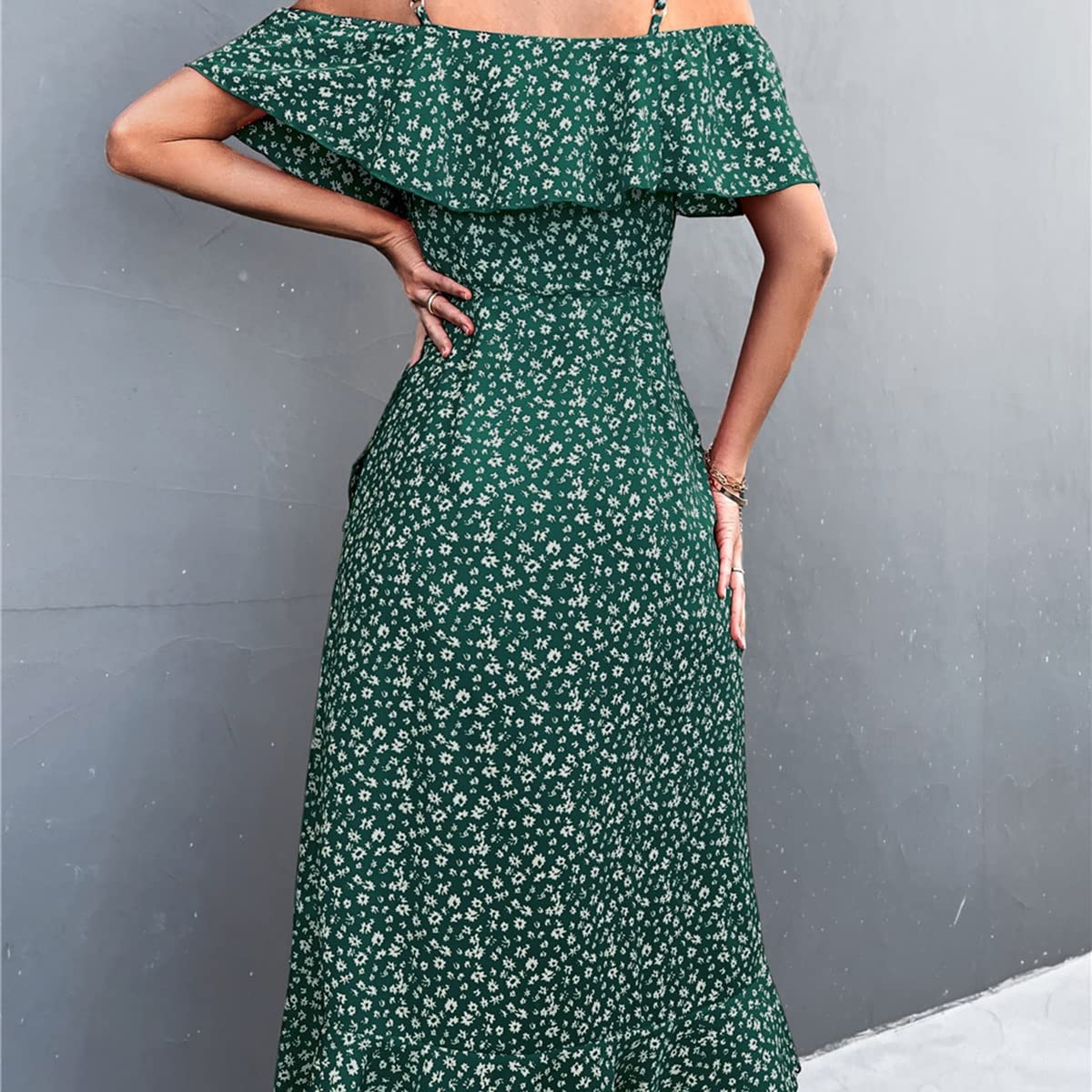 OTBK Women's Green Polka Dot Off Shoulder Maxi Dress with Belt - Short Sleeve, High Waist, Pleated Long Dress (Size S/Small) - Perfect for Summer Parties, Beach Vacations & Date Nights