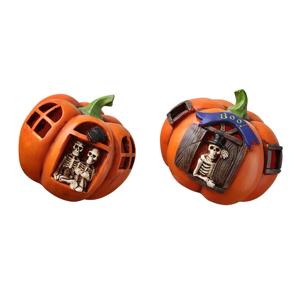 2pcs Halloween Pumpkin Table Lamp - Resin Jack-o-Lantern Night Light with Skull Design for Party Decor, Home & Office Halloween Decoration - Perfect for Spooky Atmosphere, Dinner Table Centerpiece & Holiday Lighting