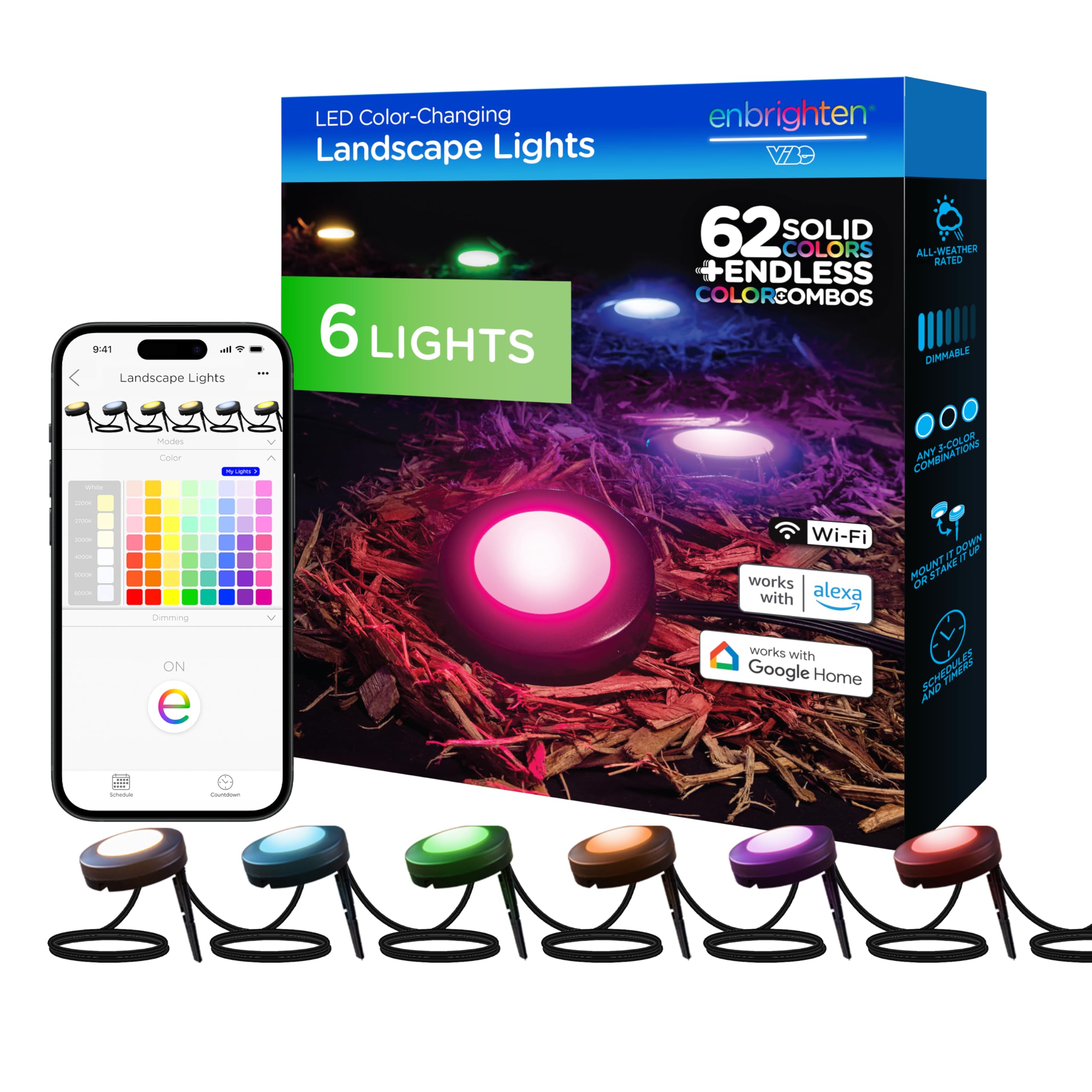 Enbrighten Vibe Smart Outdoor Landscape Pathway Lights - 6 Pack with 50ft Cord & 22ft Lead Wire - Alexa & Google Home Compatible - Perfect for Garden Walkways, Driveways & Backyard Lighting (Model 58103)