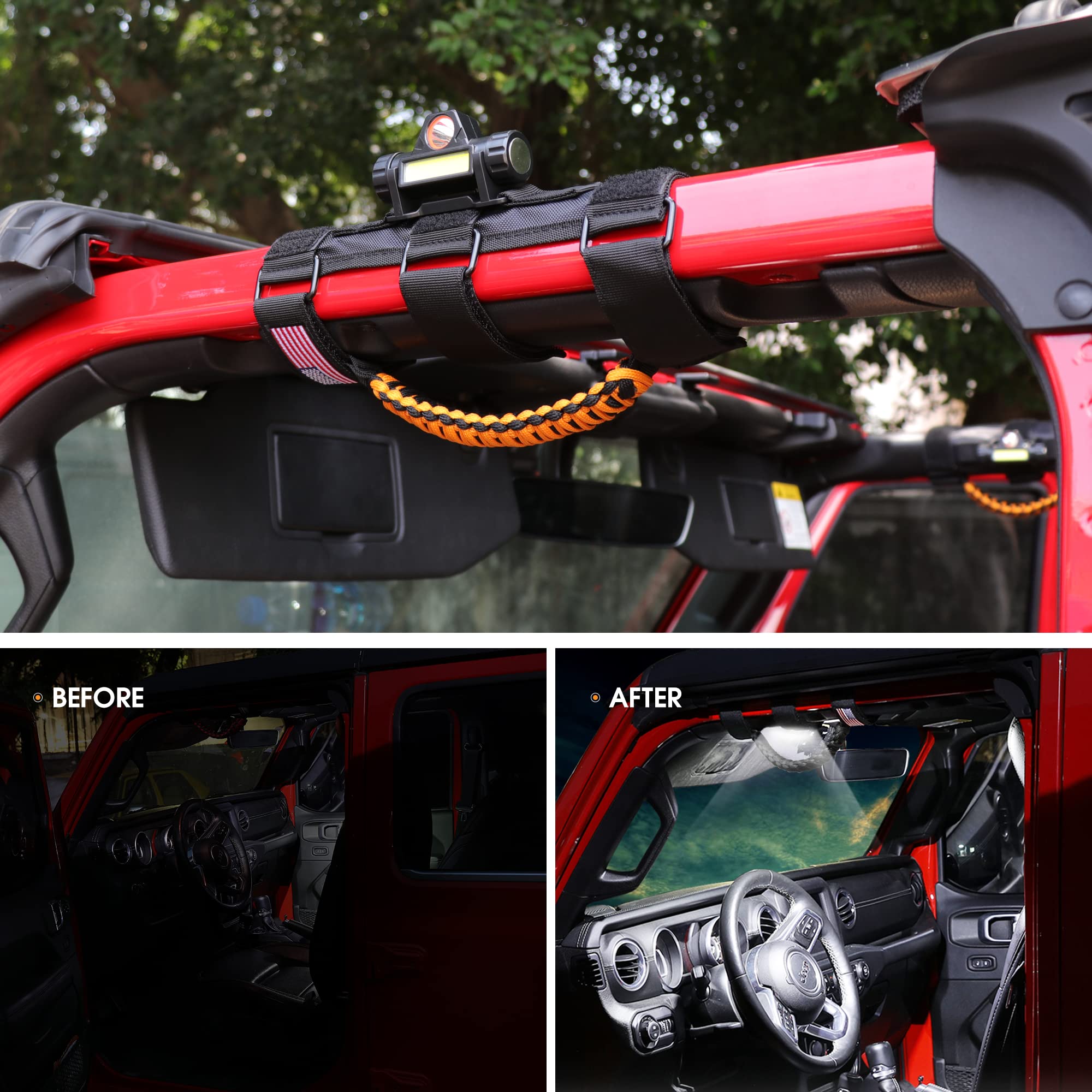 Jeep Wrangler Grab Handles with LED Light - Universal Fit for TJ JK JL YJ Unlimited Rubicon Sahara (2/4 Door) & Gladiator JT - Rechargeable Dome Light - Orange (4 Pack) - Perfect for Off-Roading & Nighttime Entry/Exit