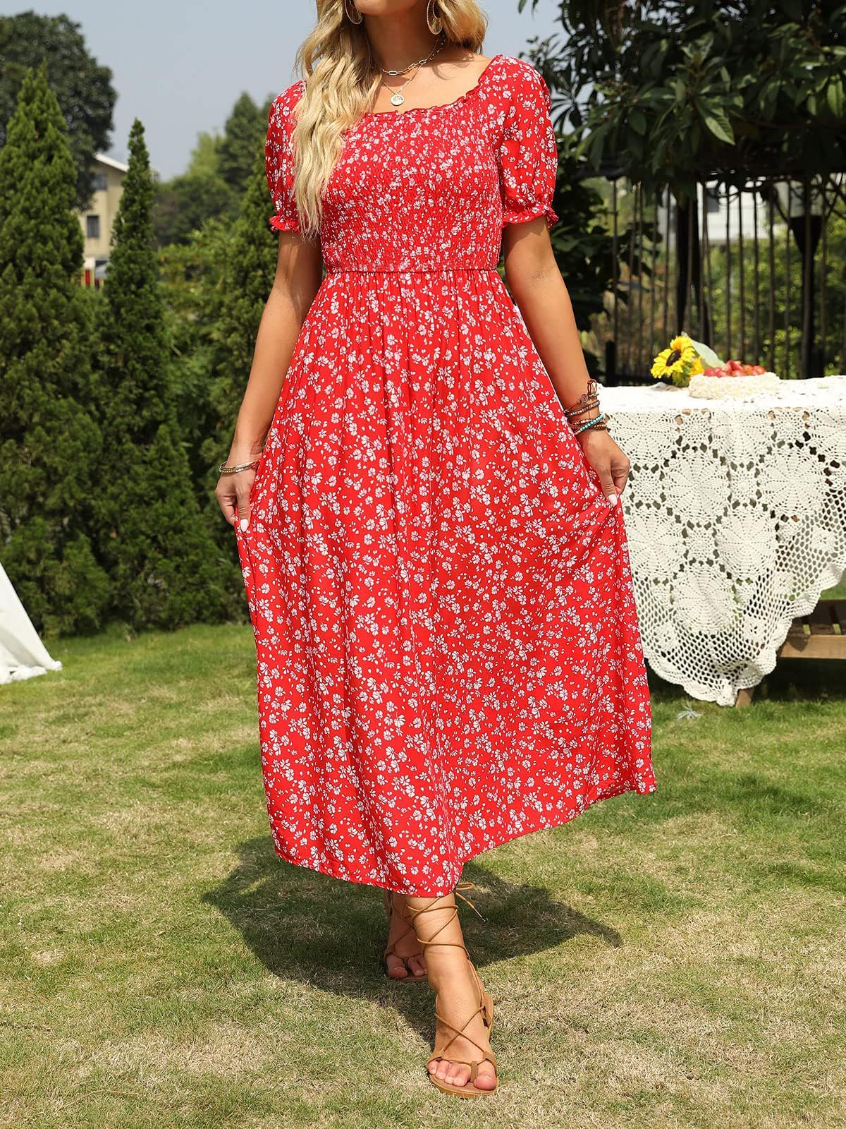 ZESICA Women's 2025 Summer Boho Floral Print Square Neck Ruffle Swing Long Maxi Dress - Beach Wedding, Vacation, Party & Casual Wear