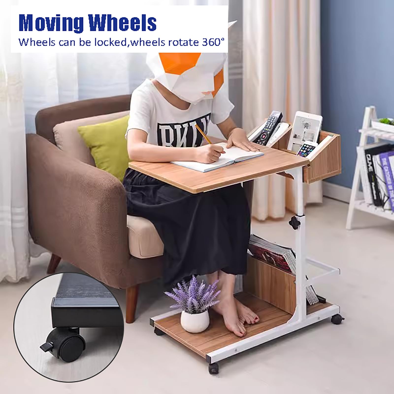 Adjustable Height Overbed Table with Wheels - Mobile Rolling Standing Desk & Portable Laptop Computer Table - Wooden Side Table for Home Office, Sofa, Bed (60x40x55cm/24x16x22inch) - Perfect for Working, Eating, Reading in Bed or Living Room