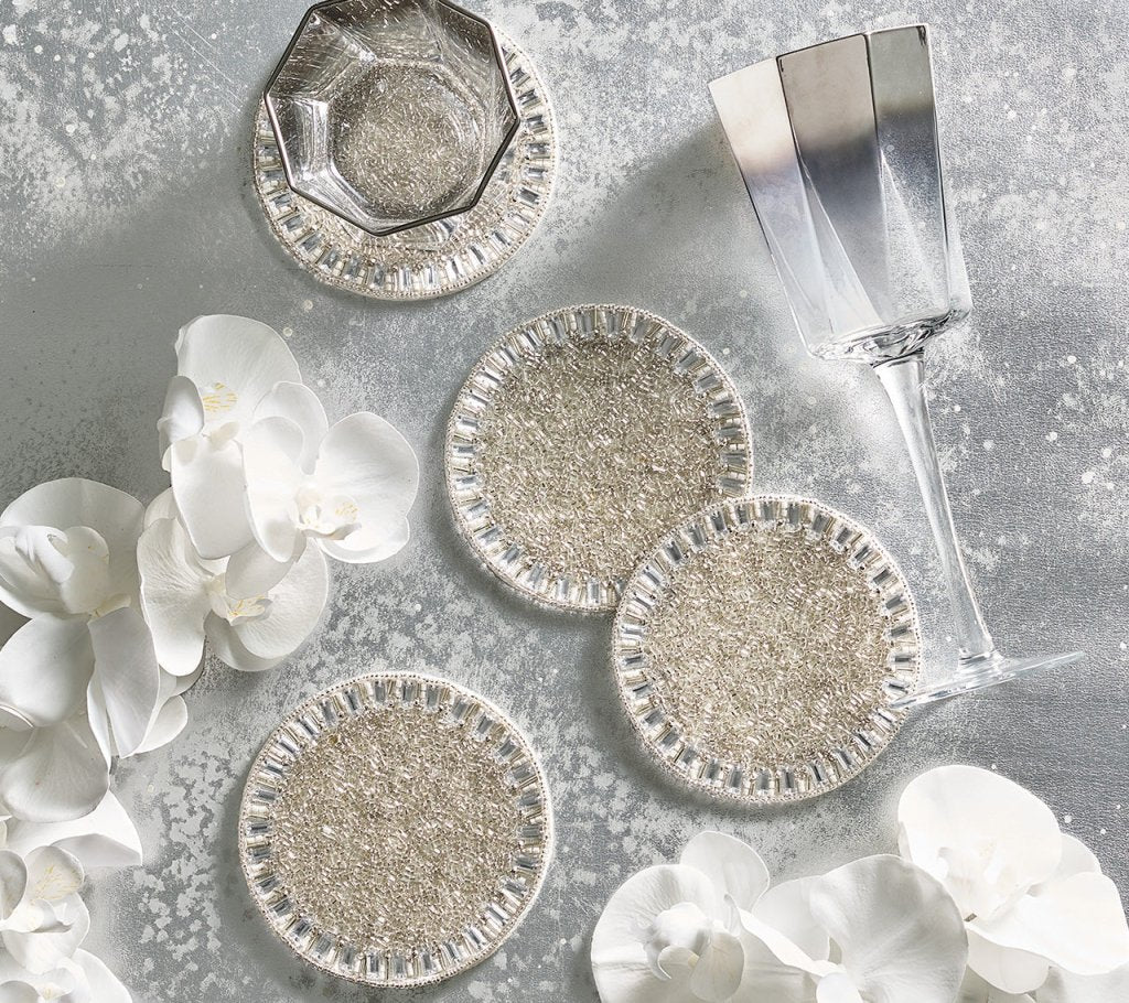 Premium Silver & Crystal Bevel Coasters Set of 4 - Elegant Drink Coasters with Gift Bag - Perfect for Weddings, Housewarming & Dinner Parties
