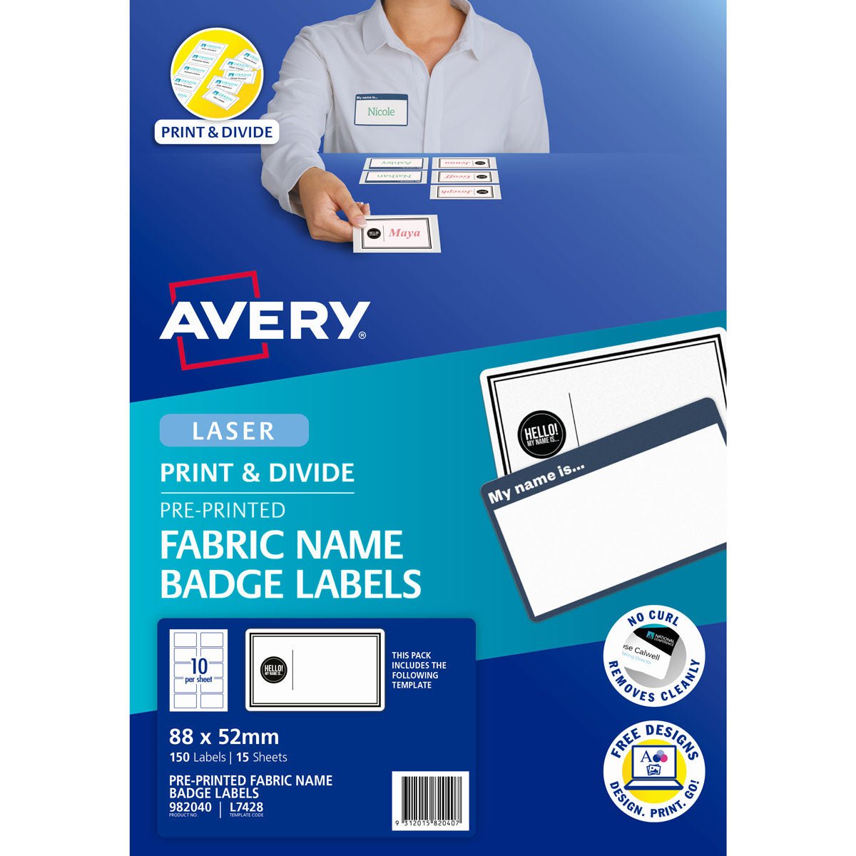 Avery Hello! My Name Is Fabric Print & Divide Name Badges - 150 Laser Labels 88x52mm (L7428) for Events, Conferences & Office Networking