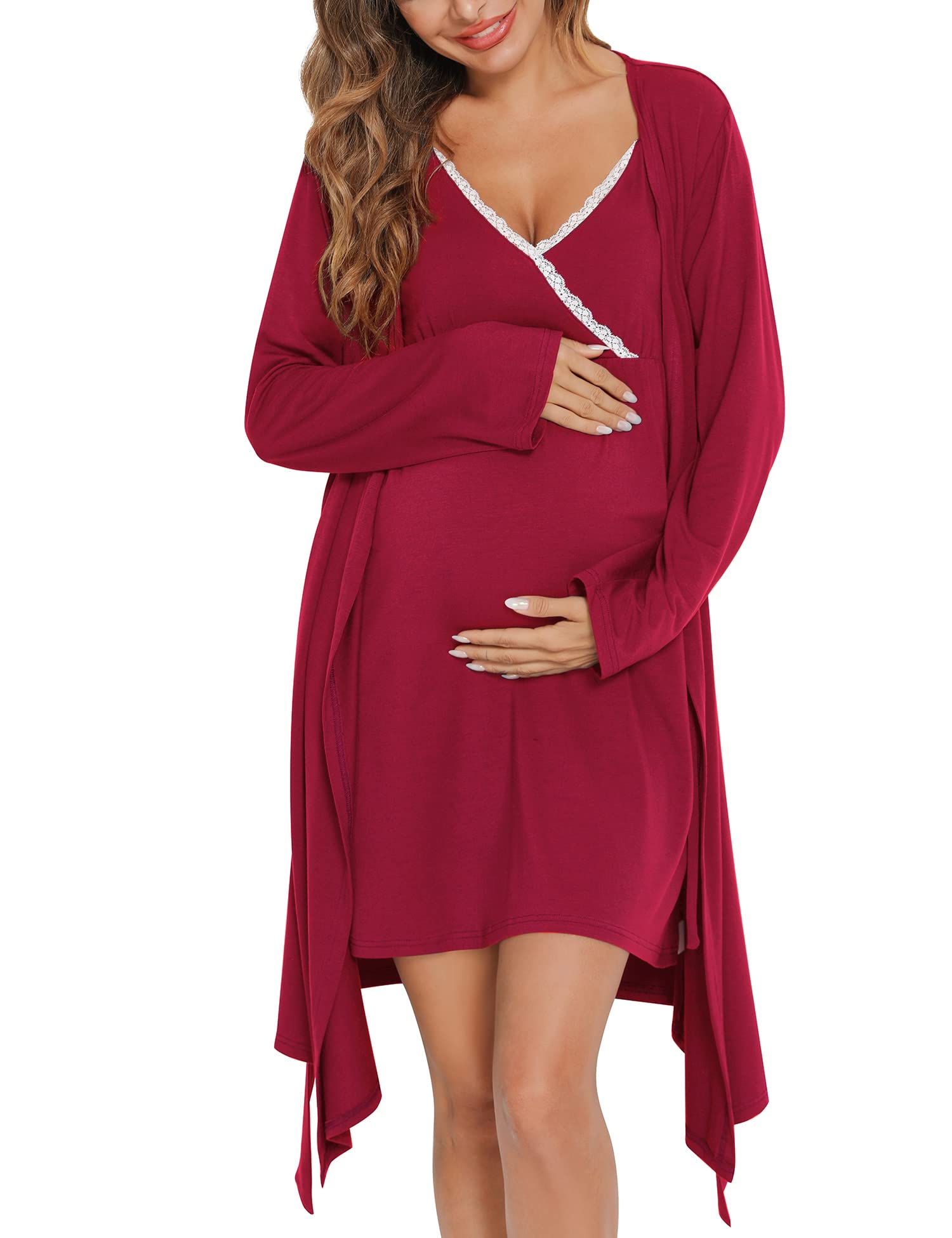 SWOMOG Women's 2-Piece Maternity Robe & Nursing Nightgown - Soft Breastfeeding Dress with Lace Trim, 3-in-1 Labor Delivery Gown & Bathrobe for Hospital, Home & Postpartum Care