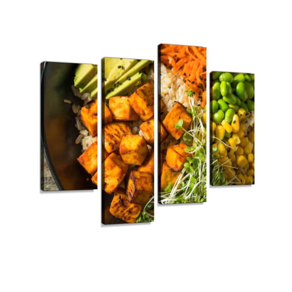 Healthy Organic Tofu & Rice Buddha Bowl Canvas Wall Art - Modern Abstract Painting Prints for Home Decor | Unique Framed 4-Panel Artwork | Perfect for Kitchen, Dining Room & Zen Meditation Spaces