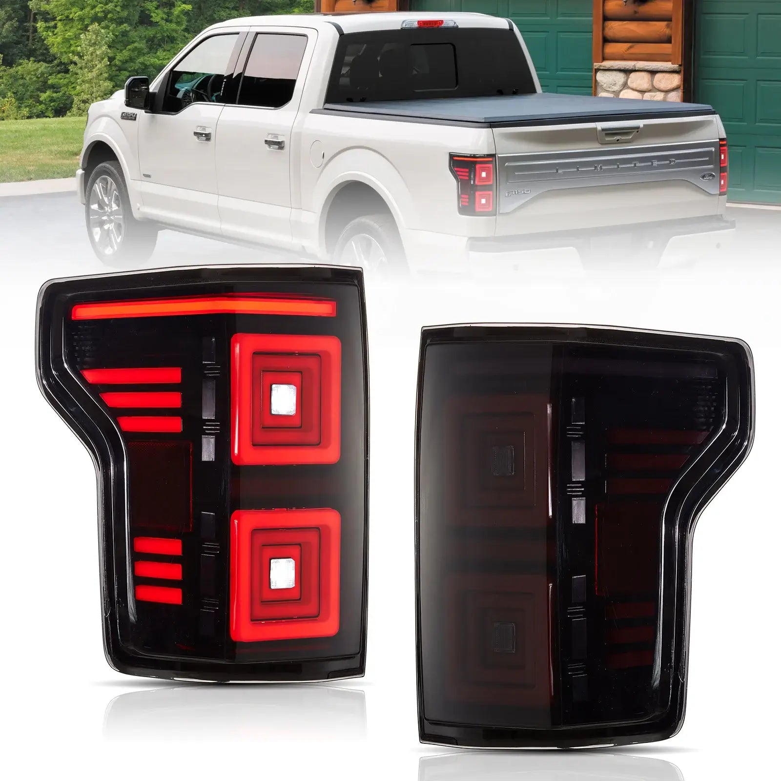 Smoked LED Tail Lights Assembly with Red Sequential Turn Signal for 2015-2020 Ford F150 13th Gen (P552) - Upgrade Your Truck's Style & Safety for Night Driving and Off-Road Adventures
