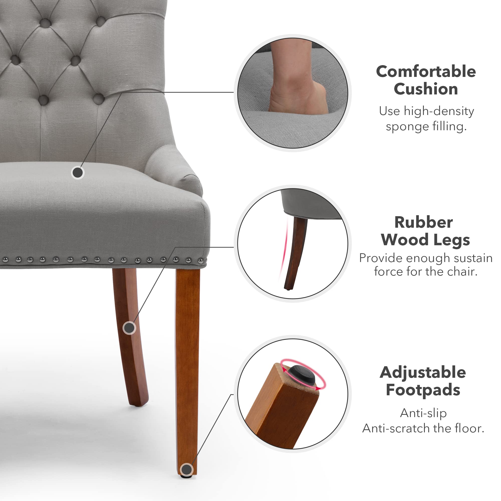 Set of 2 Modern Fabric Dining Chairs - Comfortable Upholstered Kitchen Chairs with Steel Pull Ring & Brown Rubber Wood Legs, Grey - Perfect for Dining Room, Kitchen, Breakfast Nook & Small Spaces