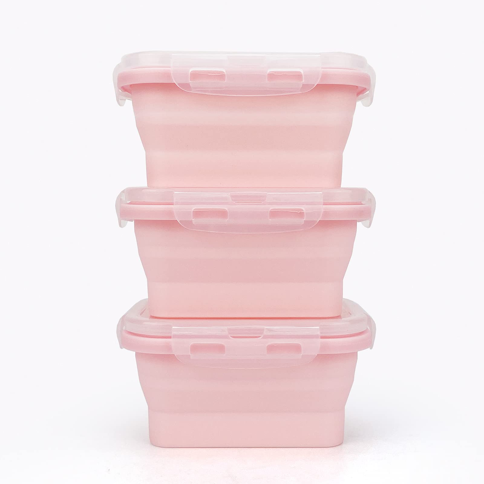 CCyanzi 3-Piece Collapsible Food Storage Containers with Lids - Microwave & Freezer Safe Silicone Lunch Box Set - Space Saving for Kitchen, Office, Camping & Travel (Pink) | Perfect for Meal Prep, Leftovers & On-the-Go Snacks