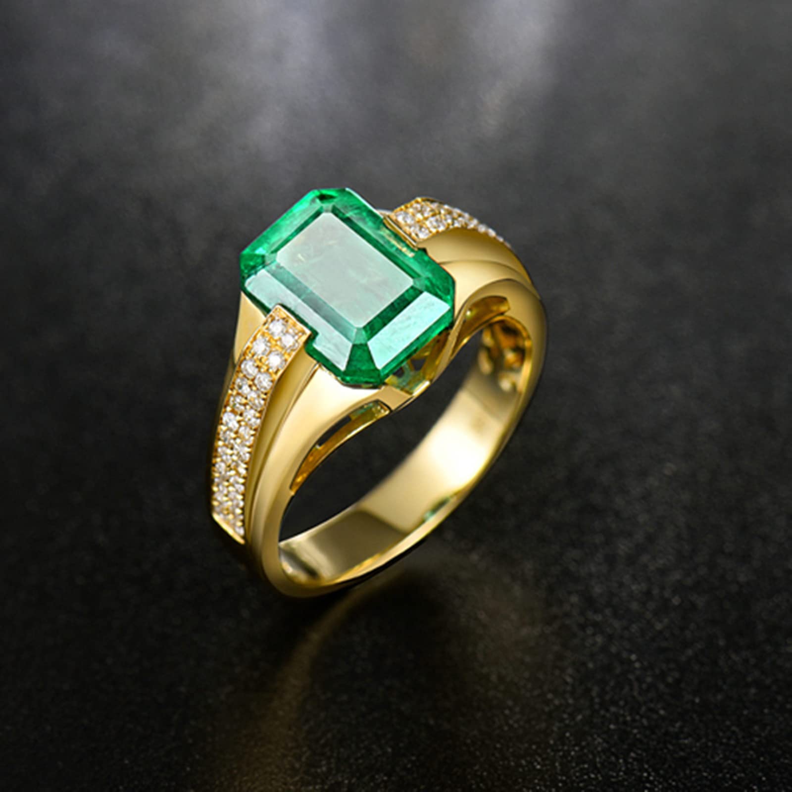 18K Yellow Gold Vintage Wedding Bands for Men with Created Emerald & Moissanite/Zirconia - Unique 925 Sterling Silver Rings - Perfect for Engagement, Anniversary & Special Occasion Gifts