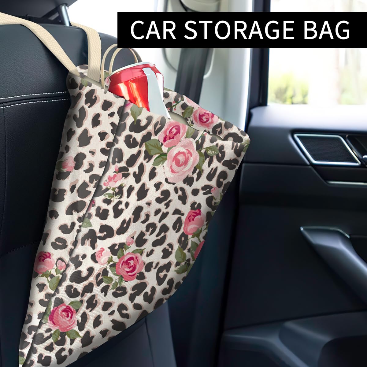 Cute Pink Rose & Leopard Car Trash Can - Hanging Auto Garbage Bag with Storage Pockets - Vehicle Organizer for Travel, Camping & Road Trips - Perfect for Sedans, SUVs and Family Cars