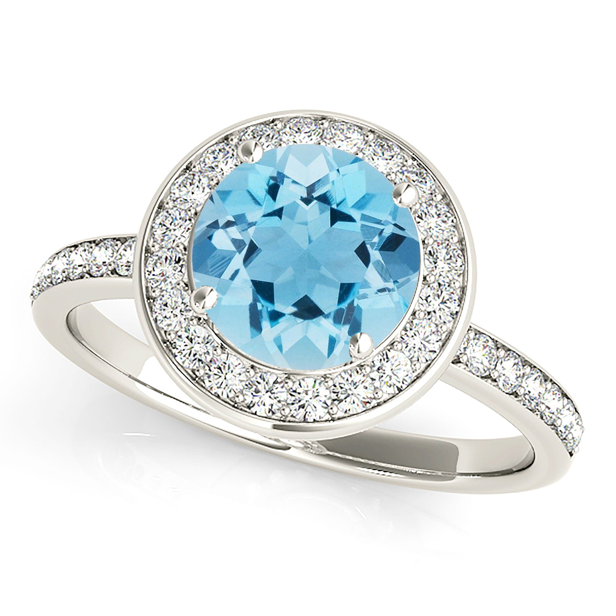 1.65 Carat Genuine Aquamarine Halo Ring with Diamond Band - Elegant Engagement, Wedding, Anniversary Jewelry Gift for Women