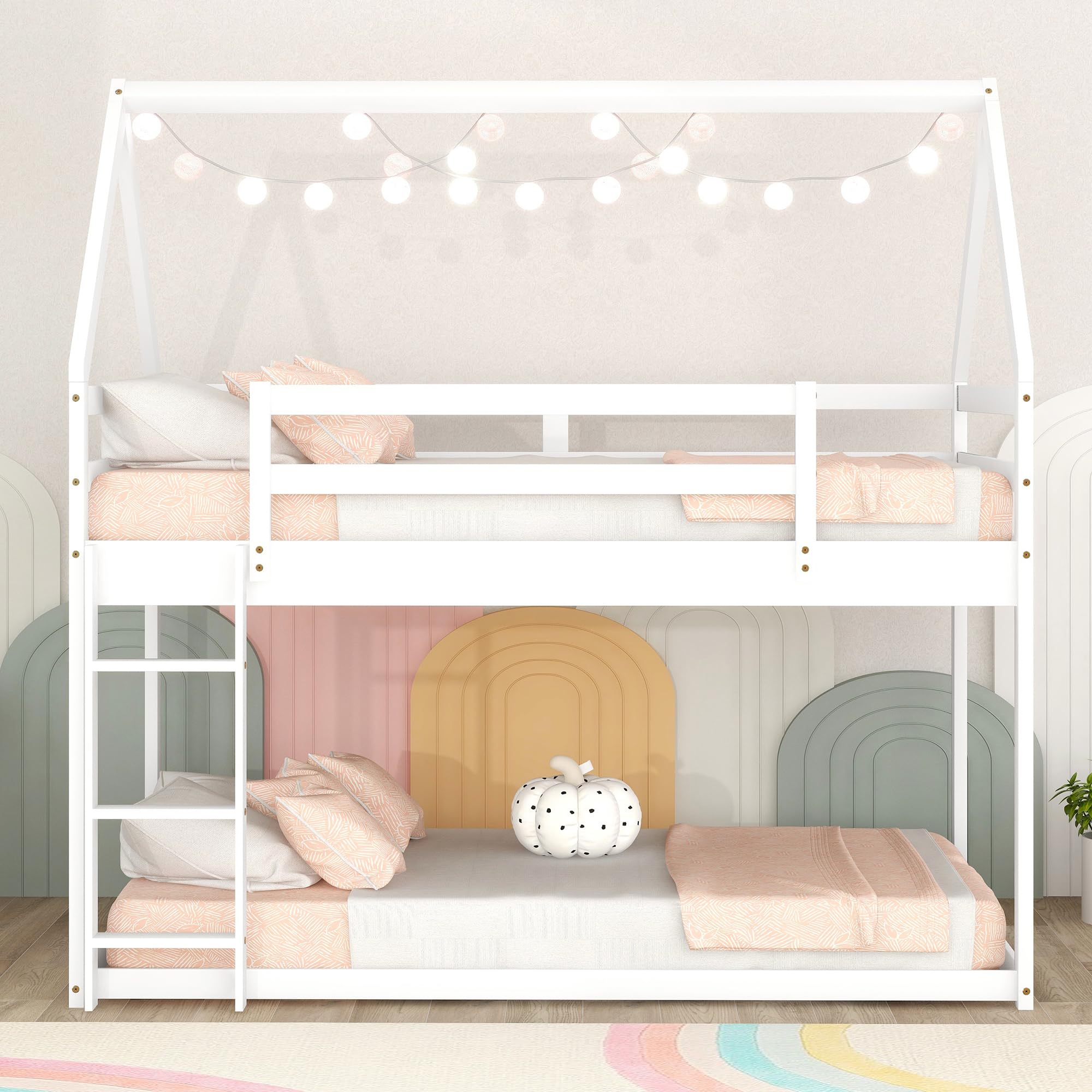 Bellemave Twin Over Twin Kids Bunk Bed with Ladder & Guardrails - Solid Wood Low Profile Floor Bunk Bed for Boys & Girls - Space Saving Twin Size Bunk Bed for Small Rooms, Dorms, or Shared Kids Bedrooms - White