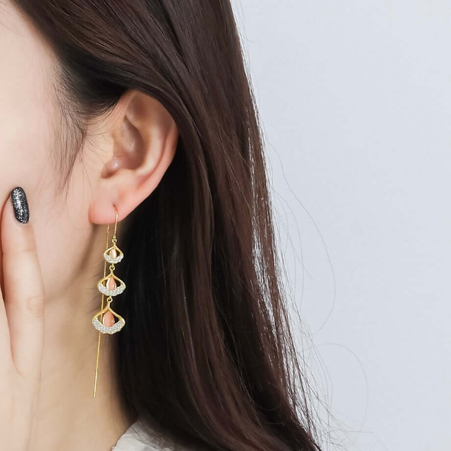 14K Gold Plated Ginkgo Leaf Huggie Earrings with Dangle Pearl Drop | Elegant Pearl Earrings for Women | Perfect for Weddings, Parties & Everyday Wear | A8078
