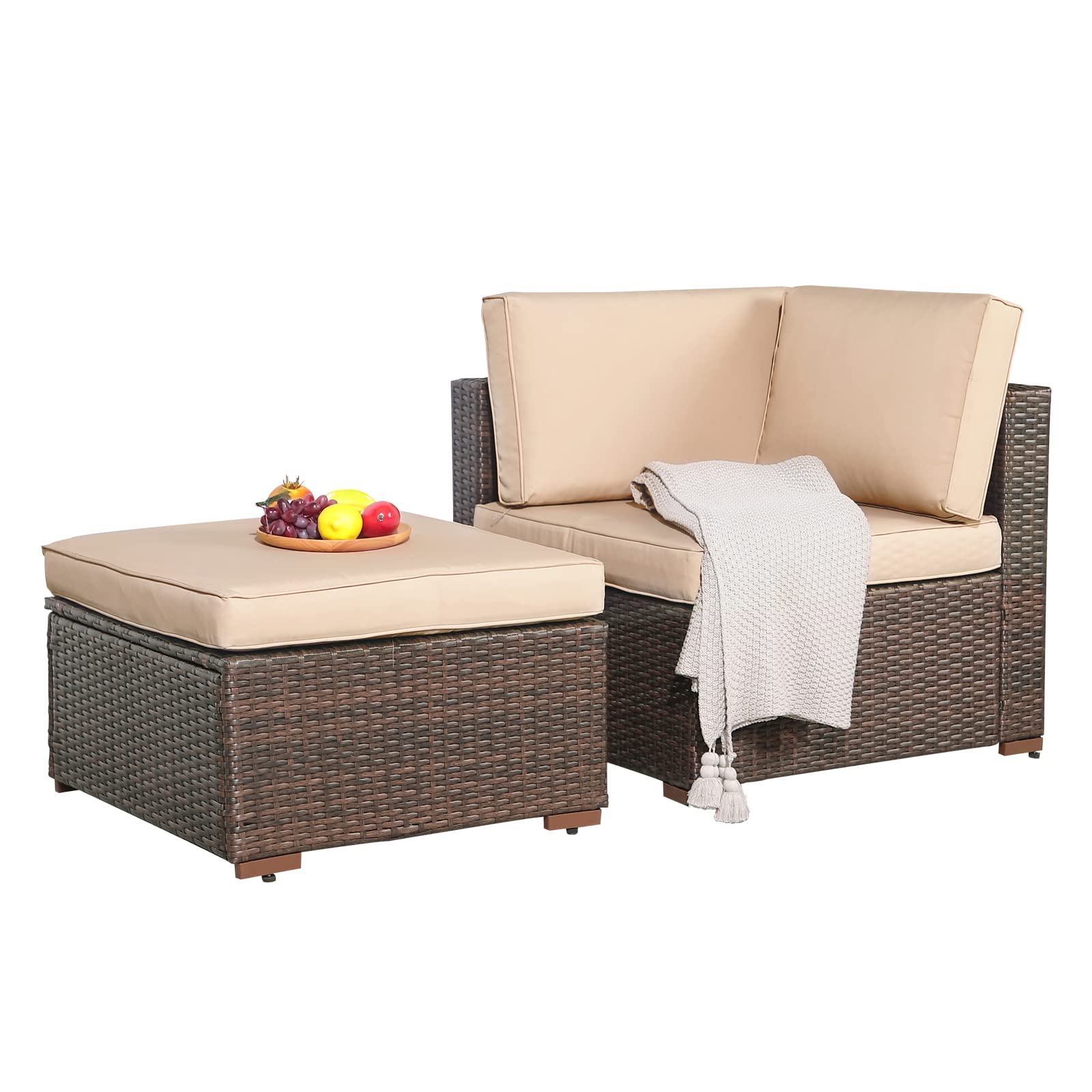 2-Piece Patio Furniture Sofa Set - All-Weather Brown PE Wicker Rattan Outdoor Sectional Sofa with Beige Cushions - Perfect for Garden, Balcony, Poolside & Backyard Relaxation