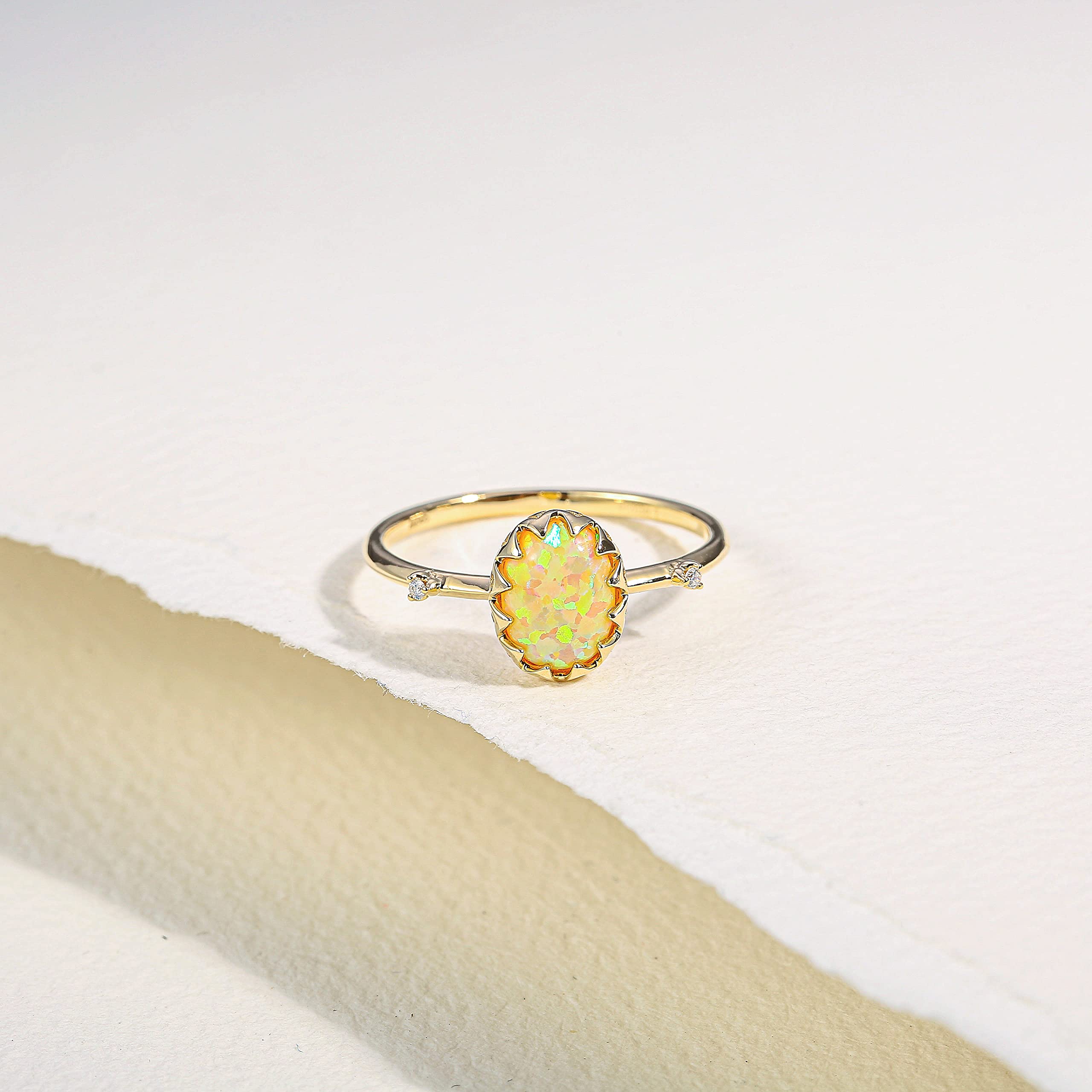 14K Solid Gold Yellow Opal & Diamond Jewelry Set - Necklace & Ring, October Birthstone, Promise & Engagement Ring, Dainty Everyday Jewelry for Women, Wife, Girlfriend - Anniversary, Birthday Gift (16+2 Inch Necklace, Size 7 Ring) | Perfect for Date Nights, Weddings, Special Occasions & Daily Wear