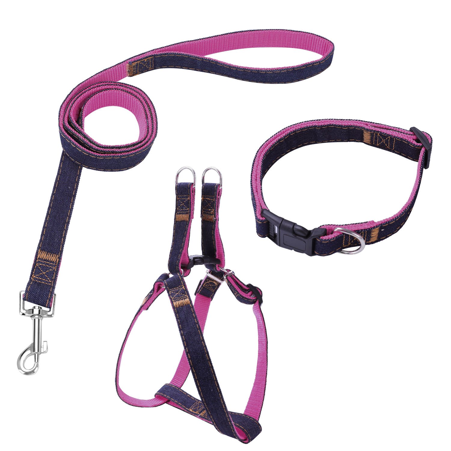Premium Dog Harness, Leash & Collar Set for Small, Medium & Large Dogs - Heavy Duty Nylon with Stylish Denim Design - Perfect for Walking, Training & Outdoor Adventures (Size L, Pink)