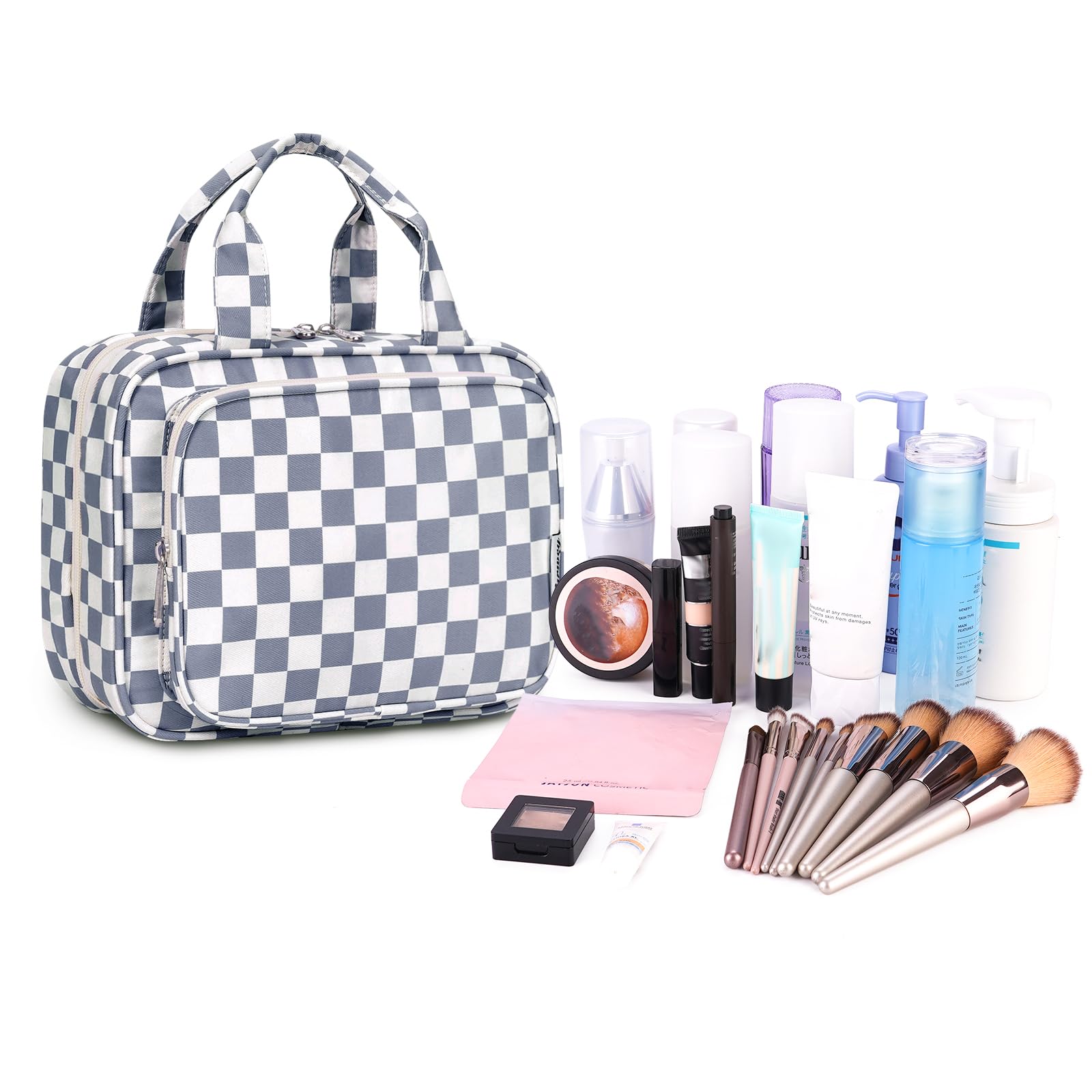 Narwey Hanging Toiletry Bag for Women - Travel Makeup Organizer with Multiple Pockets, Waterproof Cosmetic Bag for Toiletries & Travel Essentials (Grayish Blue Checkerboard, Medium) - Perfect for Airplane Carry-on, Gym, Camping & Weekend Getaways