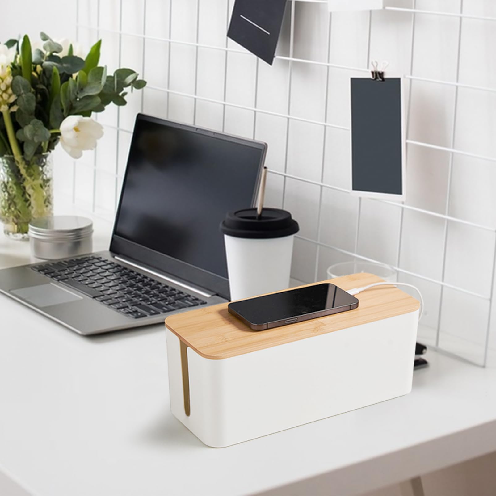 White Cable Organizer Box with Bamboo Lid - Cord Management Solution for Hiding Wires & Power Strips - Perfect for Home Office, Living Room & Bedroom Cable Storage