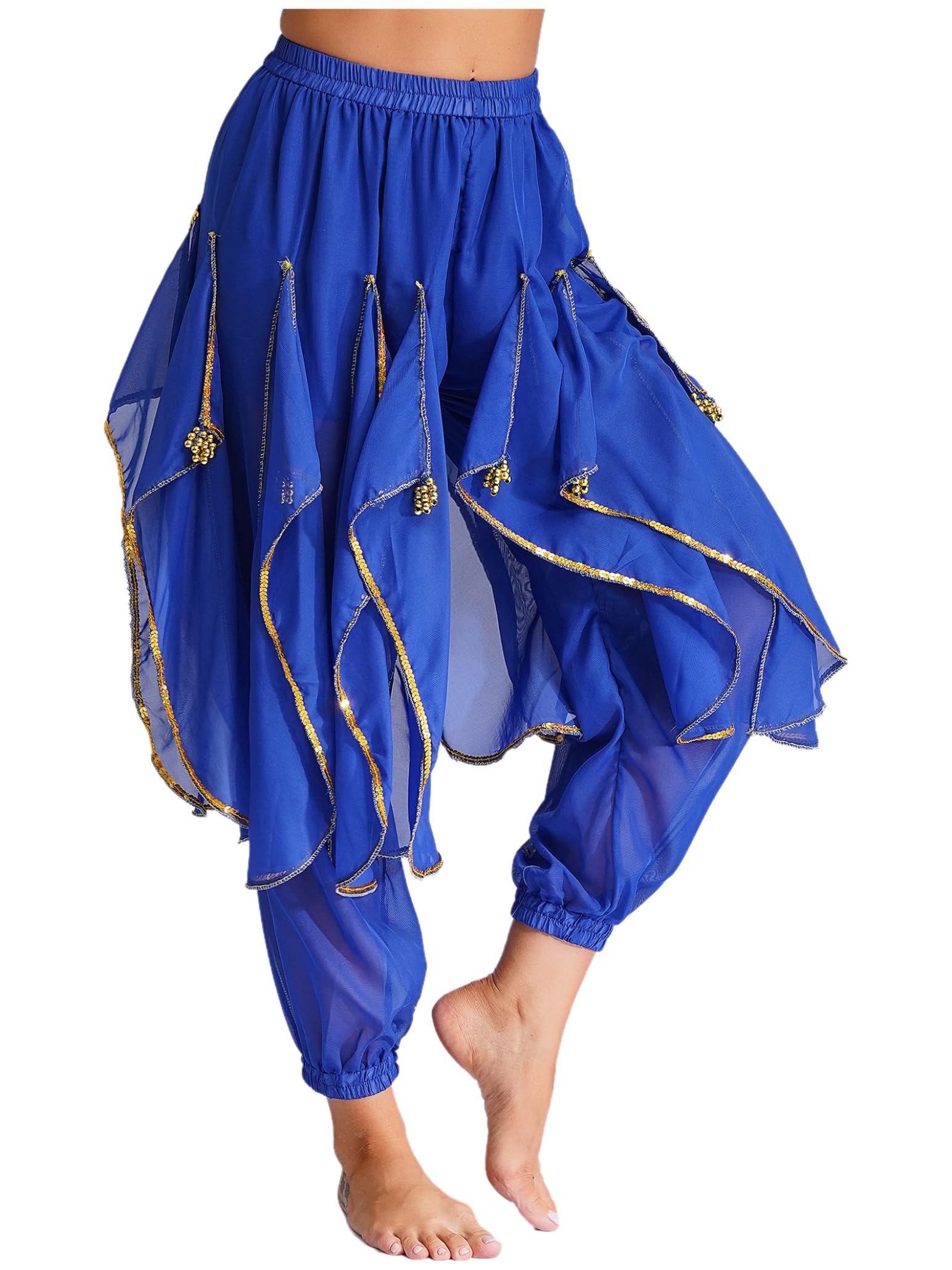 Women's Belly Dance Costume - Ruffle Harem Pants with Gold Trim for Tribal Arabic Dance & Halloween | Comfortable & Stylish for Performances, Parties & Festivals