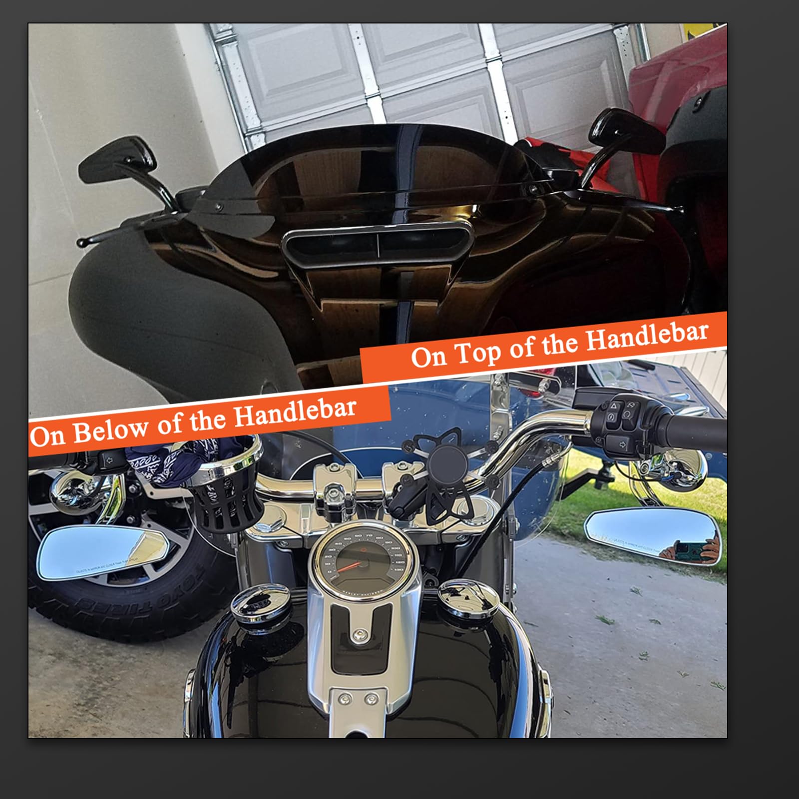 FOVPLUE Motorcycle Handlebar Mount Mirrors for Harley Davidson 1982-2024 Models - Compatible with CVO, Dyna, Touring, Electra Glide, Road Glide, Road King, Softail, Street Glide & Sportster 1200/883 - Gloss Black Rearview Mirrors for Enhanced Safety & Visibility - Perfect for Highway Cruising, City Commuting & Long-Distance Rides
