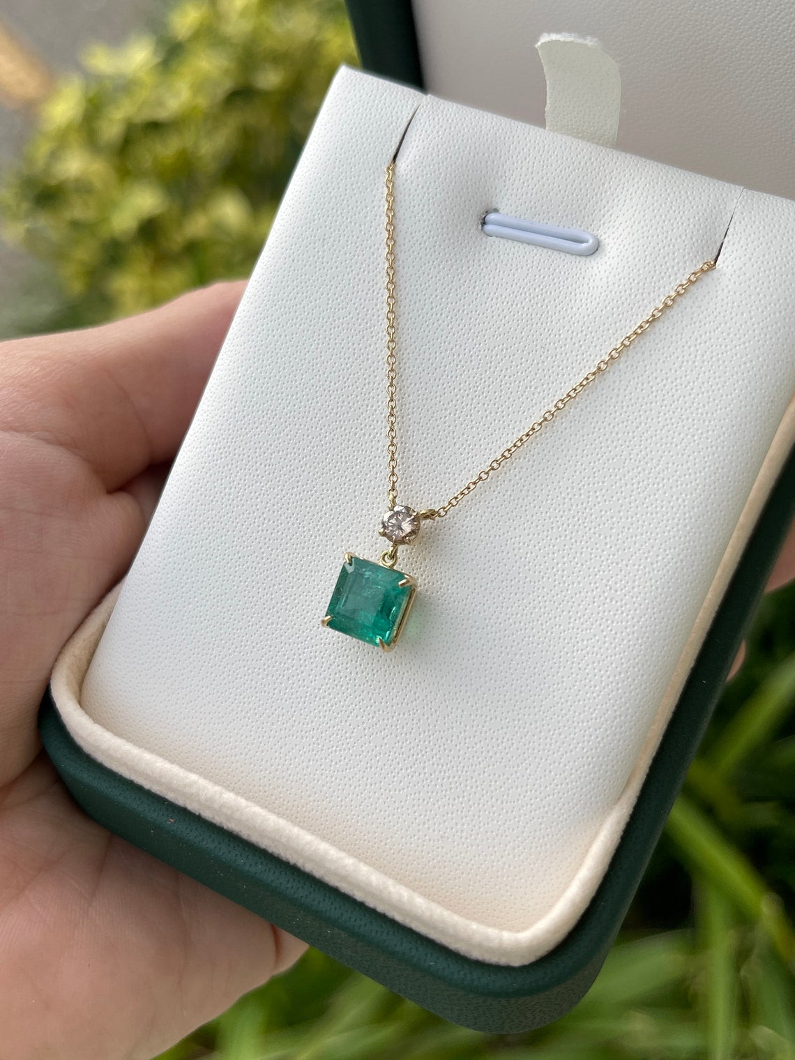 3.50tcw 14K Gold Dangle Necklace with Natural Emerald Asscher Cut & Champagne Diamond Accent - Elegant Jewelry for Weddings, Parties & Special Occasions