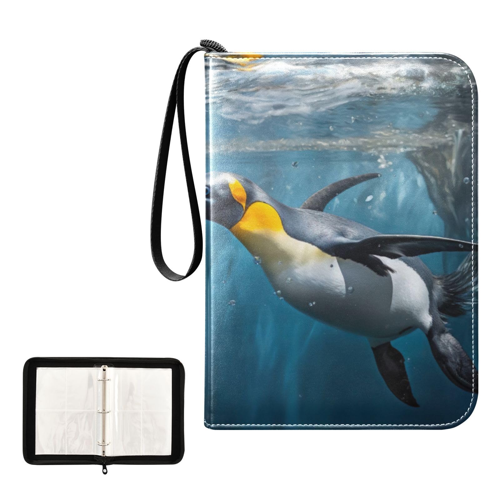 Joko Ivery Penguin Swimming 4-Pocket Trading Card Binder - PU Leather Zip Closure with 400 Side-Loading Pockets | Durable Card Holder for Sports, Gaming & Collectible Cards | Perfect for Boys, Girls & Card Game Enthusiasts | Organize Pokemon, Yu-Gi-Oh, Magic & Baseball Cards
