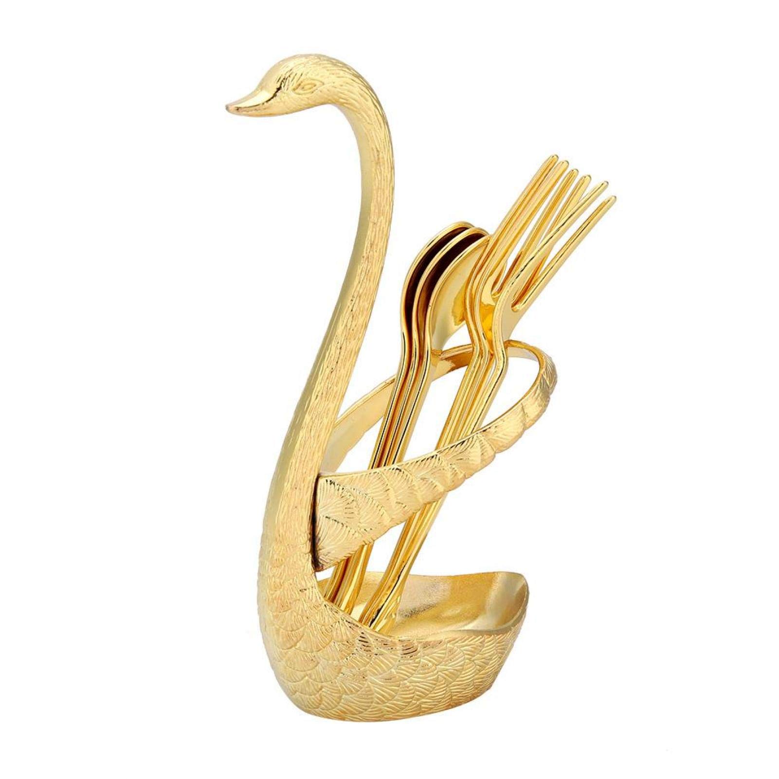 Elegant Swan-Shaped Metal Flatware Set - 3 Forks & 3 Spoons with Gold Holder for Coffee, Dessert, Dinner & Fruit | Stylish Tableware for Parties, Weddings & Home Decor