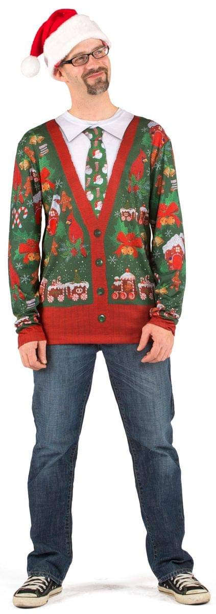 Funny Ugly Christmas Faux Cardigan Tee Costume - Festive Holiday Party Outfit for Women & Men - Perfect for Xmas Parties, Family Gatherings & Secret Santa Gifts