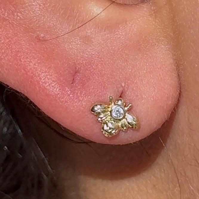 14K Yellow Gold Cubic Zirconia Bee Stud Earrings - Hypoallergenic Flat Back Post for Sensitive Ears | Perfect for Everyday Wear, Gift Giving & Bee-Themed Jewelry Collections