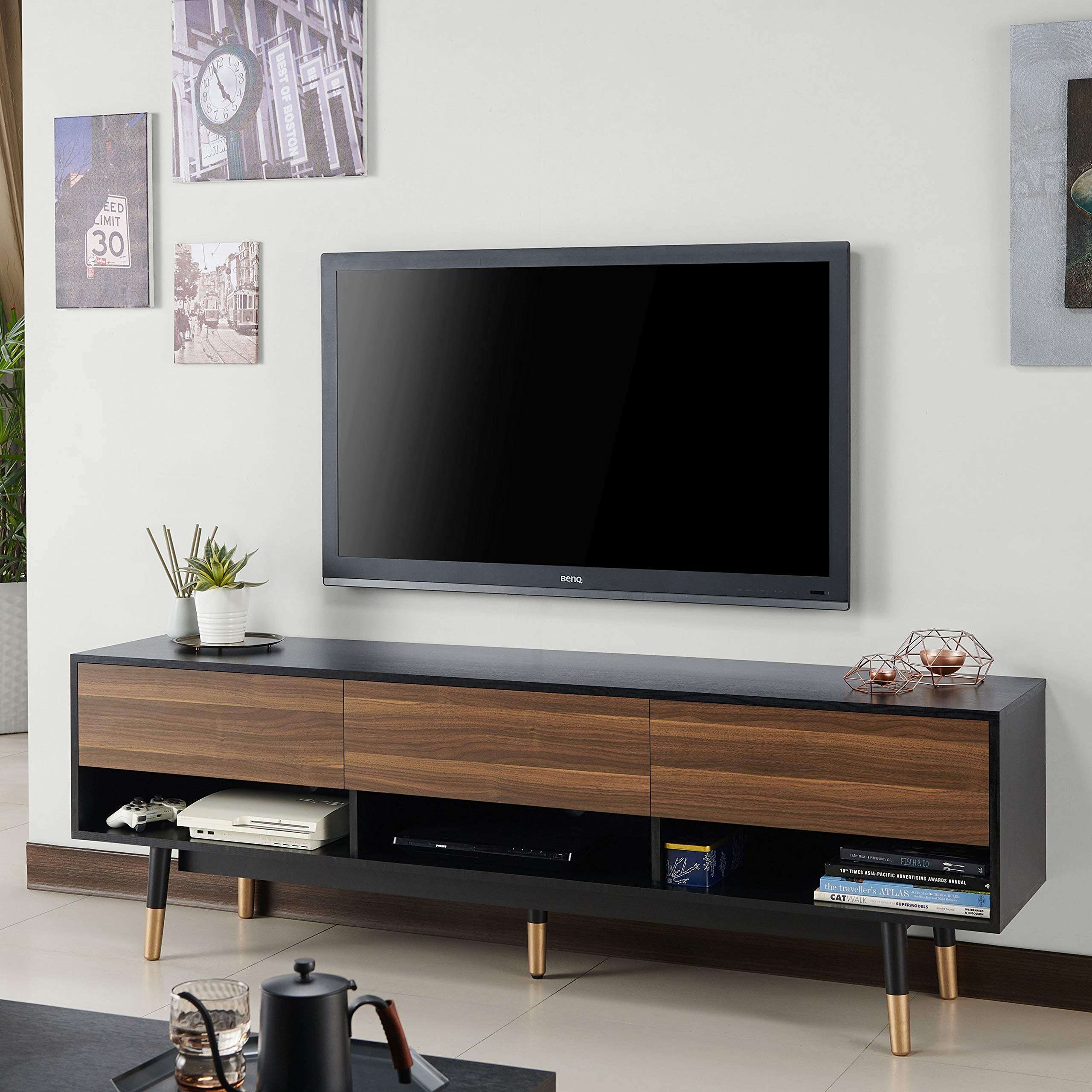 Mid-Century Modern TV Stand with Drawers - Black & Brown MDF Wood Walnut Finish - Includes Hardware - Perfect for Living Room, Bedroom & Home Theater Setup